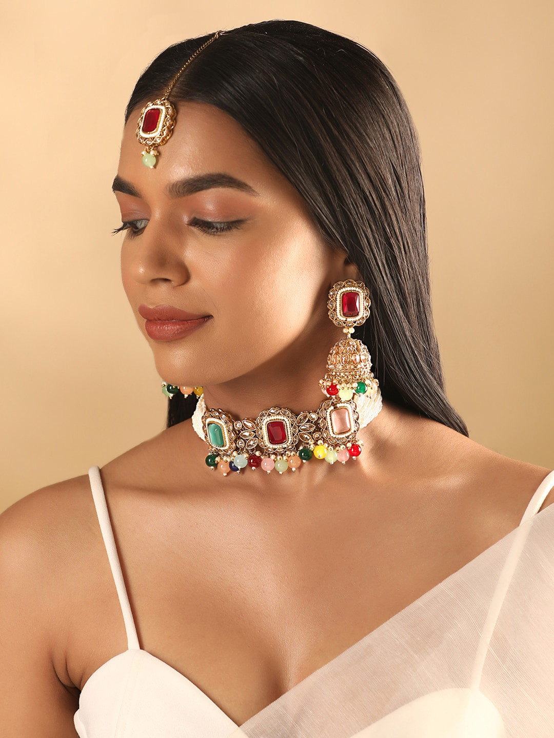 

Rubans Gold-Plated Stone-Studded & Beaded Jewellery Set