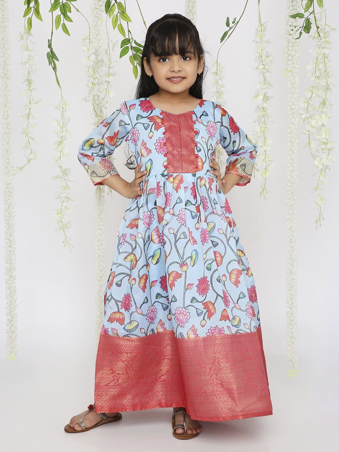 

KID1 Girls Blue & Red Floral Printed Round Neck Gathered Maxi Ethnic Dress