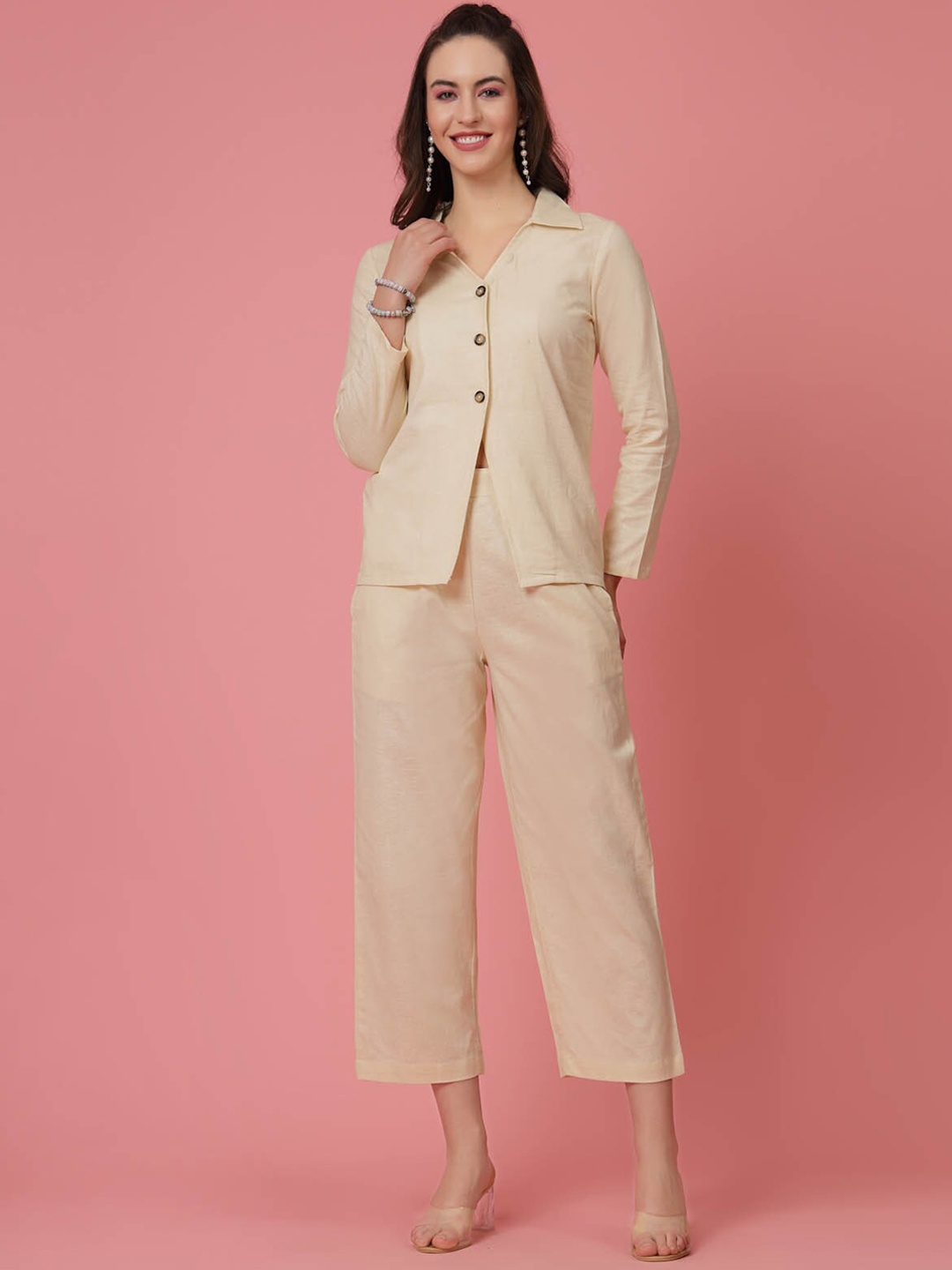 

plusS Cream Pure Cotton Shirt With Trousers, Beige