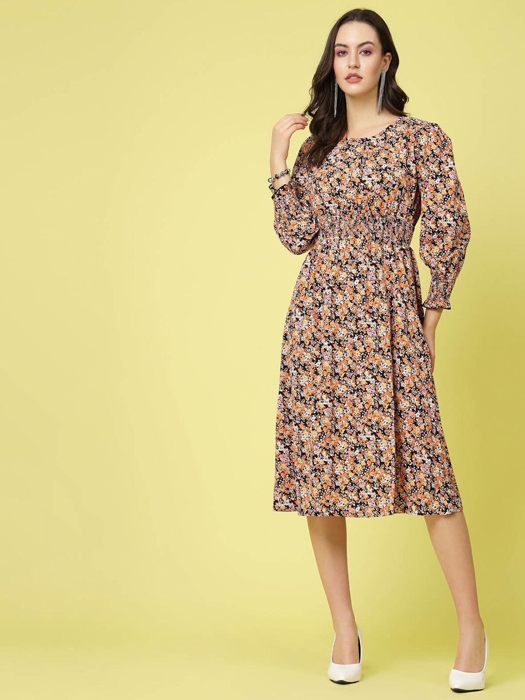 

plusS Black & Orange Floral Printed Puff Sleeves Smocked Detail Fit & Flare Dress