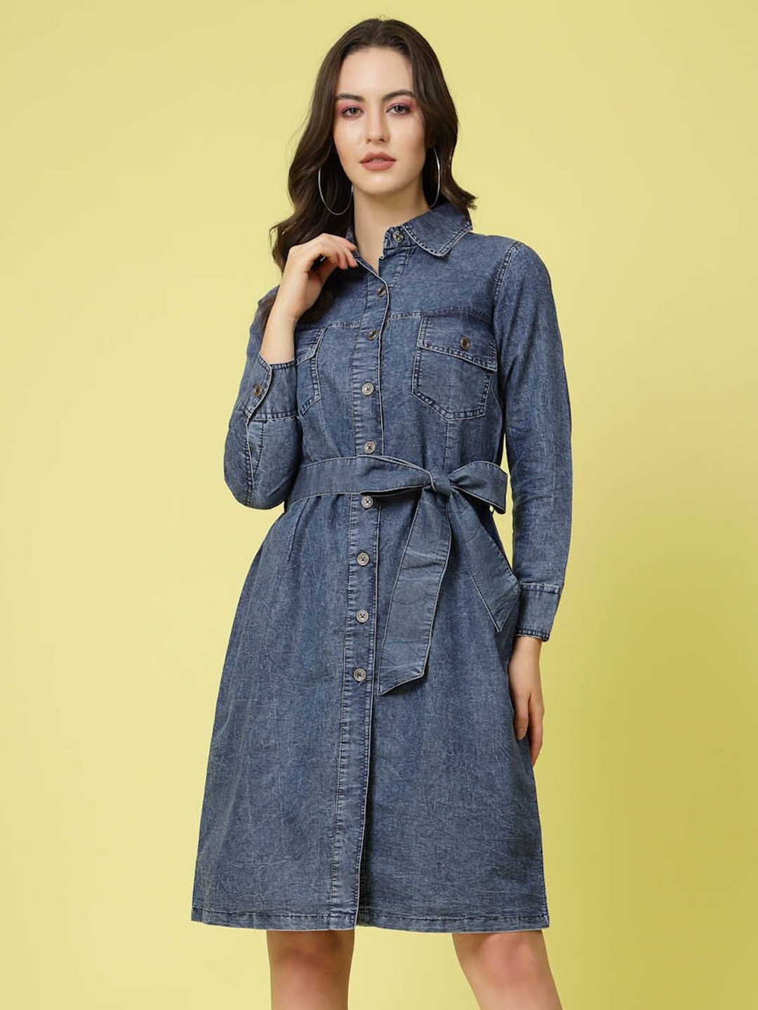 

plusS Blue Shirt Collar Cuffed Sleeve Belted Pure Cotton Shirt Dress