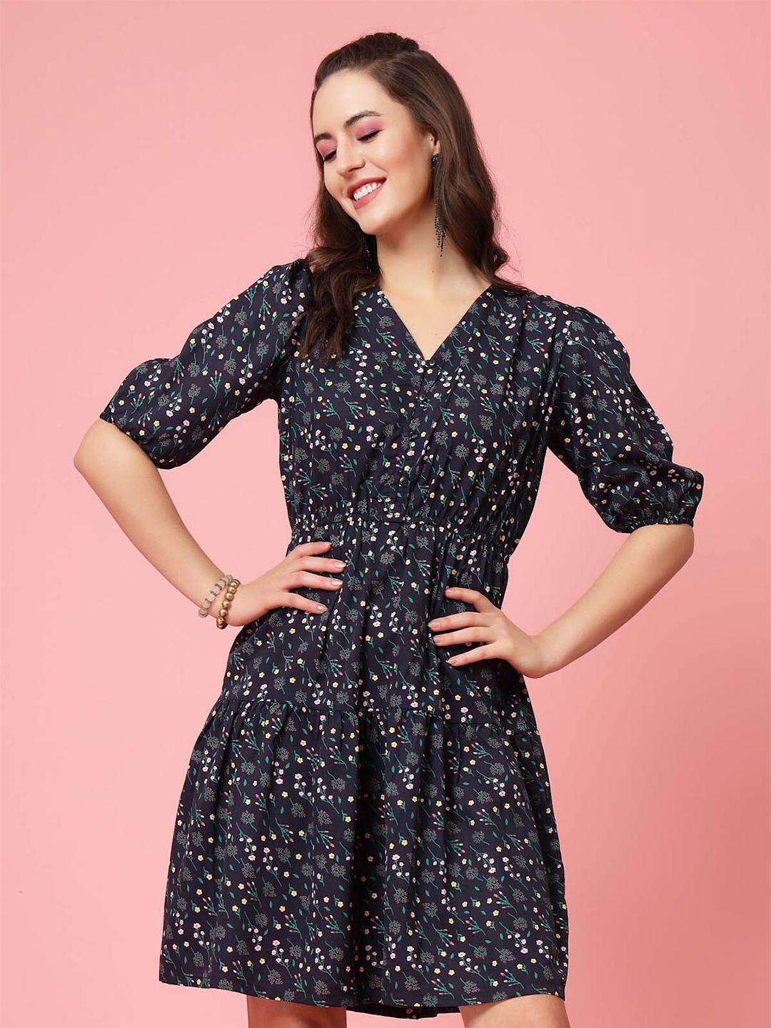 

plusS Black & Blue Floral Printed V-Neck Puff Sleeves Gathered A-Line Dress