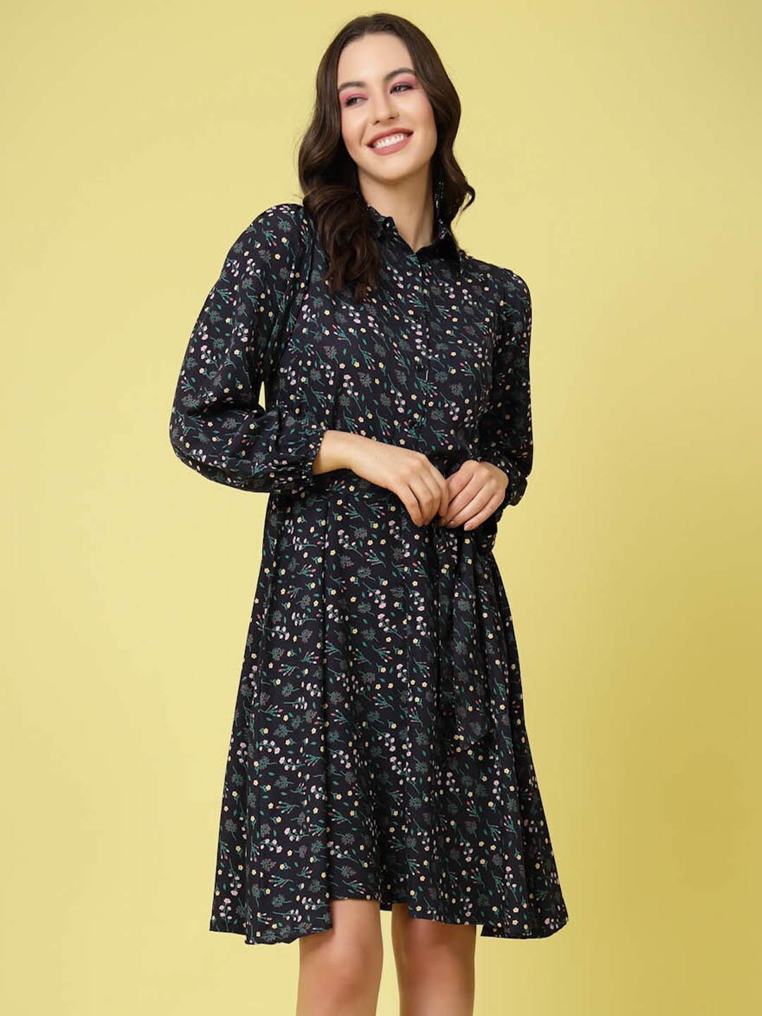 

plusS Black & Blue Floral Printed Shirt Collar Puff Sleeves Shirt Dress