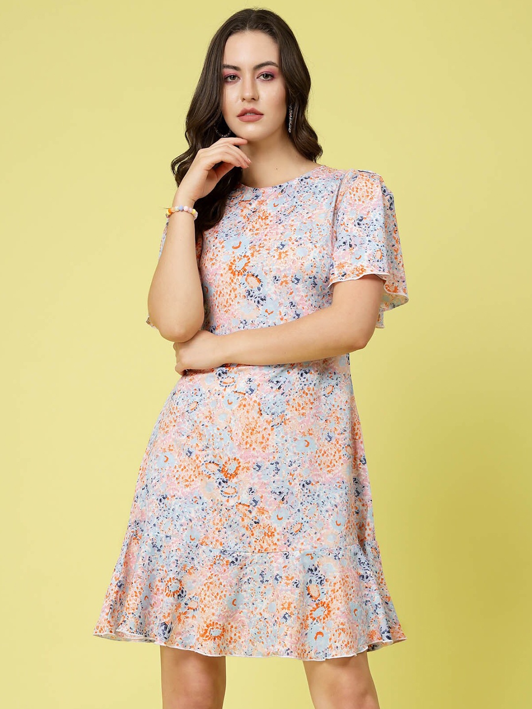 

plusS Blue Abstract Printed Round Neck Flared Sleeve Tiered A-Line Dress