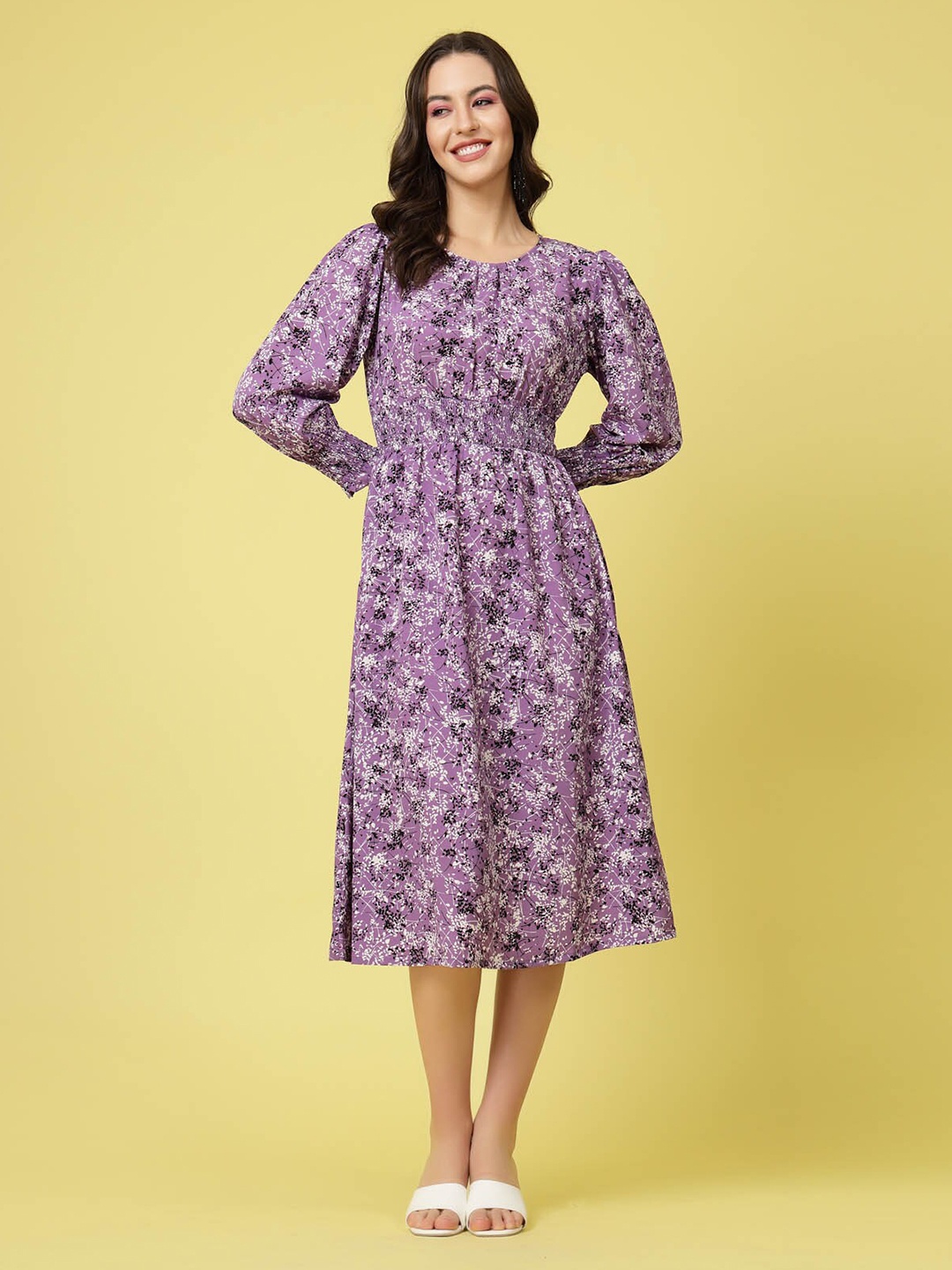 

plusS Purple Abstract Printed Round Neck Cuffed Sleeve Smocked Fit & Flare Midi Dress