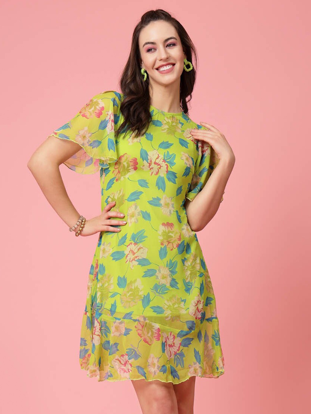 

plusS Lime Green Floral Printed Bell Sleeves A-Line Dress