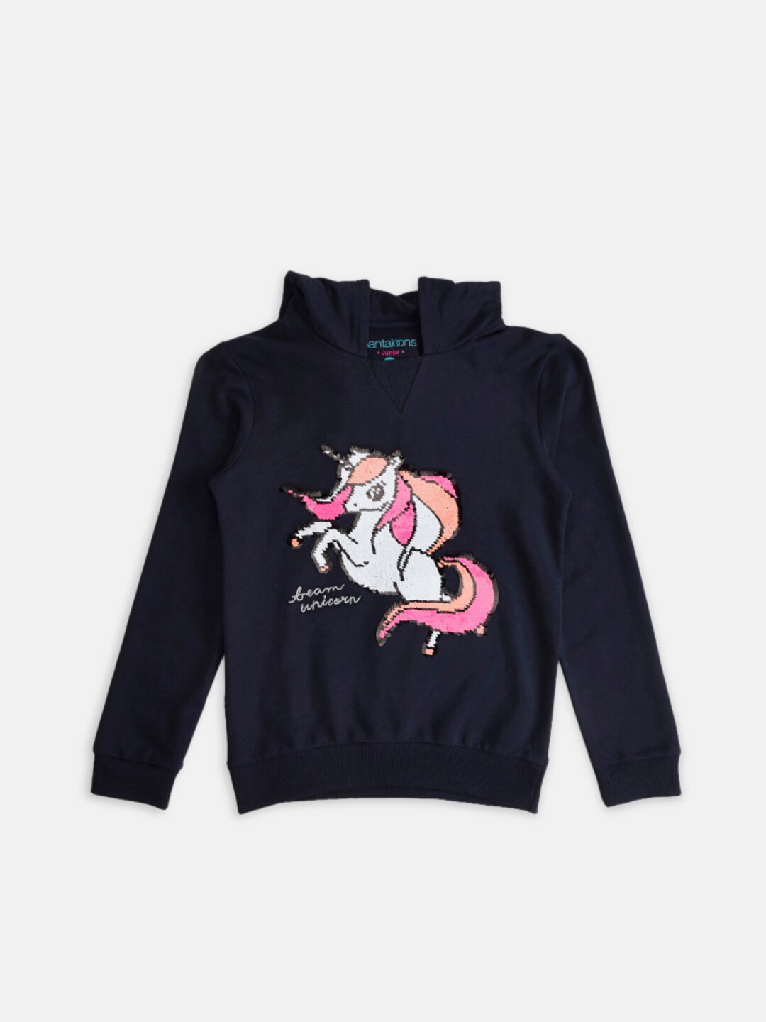 

Pantaloons Junior Girls Graphic Printed Hooded Cotton Sweatshirt, Navy blue