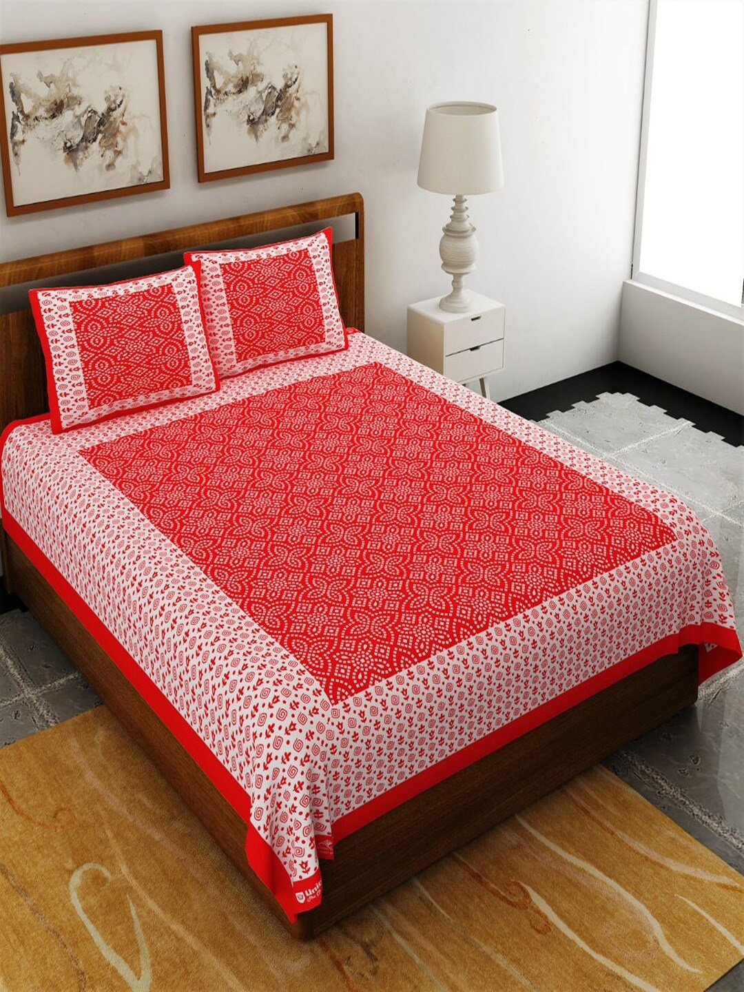 

UNIQCHOICE Red & White Ethnic Motifs Pure Cotton 120 TC Queen Bedsheet & 2 Pillow Covers