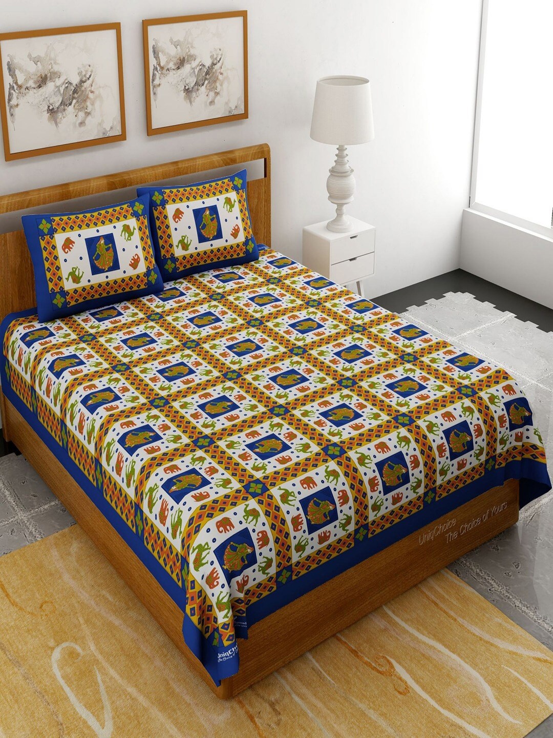 

UNIQCHOICE Blue & White Ethnic Motifs Pure Cotton 120 TC Queen Bedsheet & 2 Pillow Covers