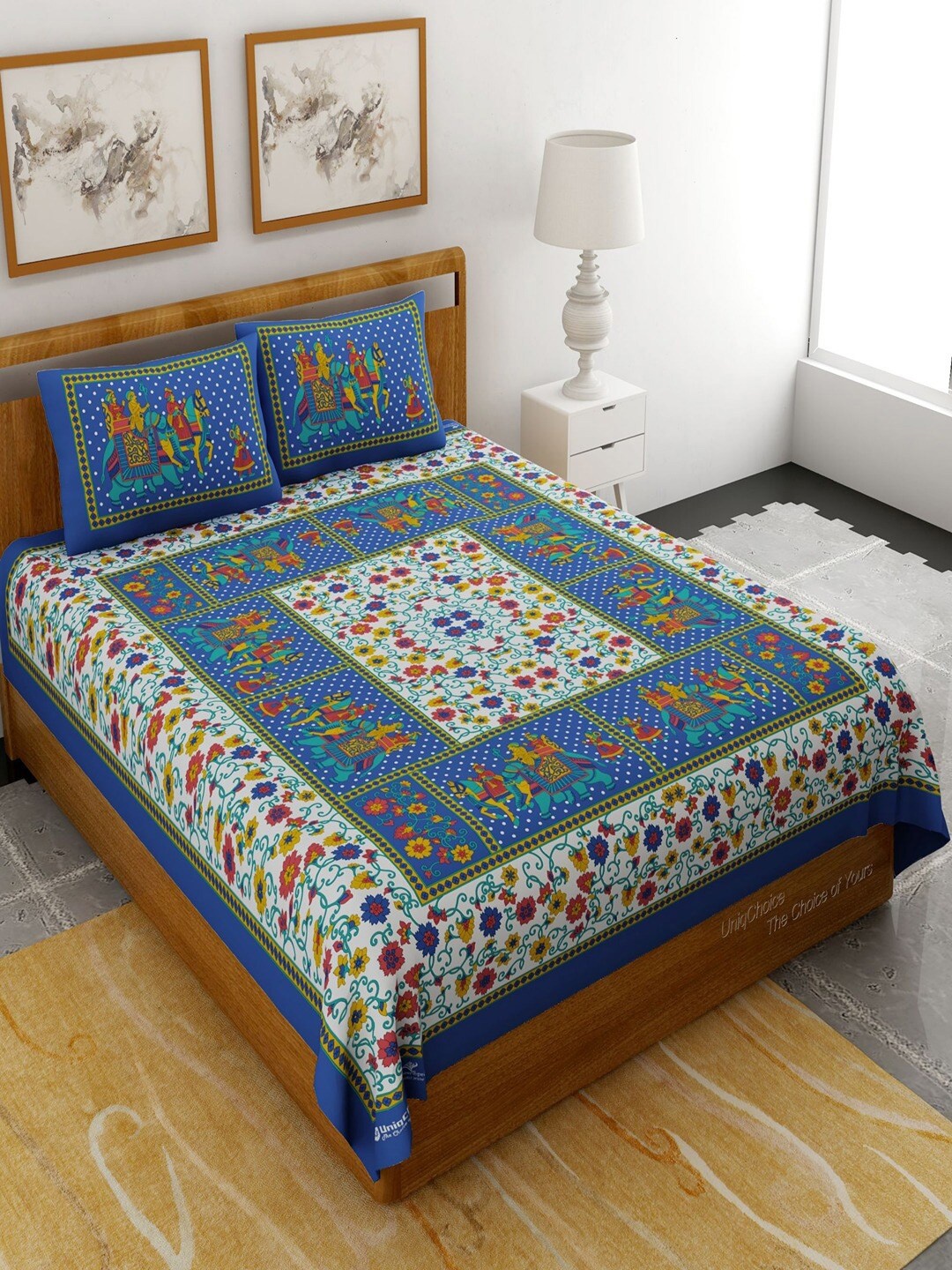 

UNIQCHOICE Blue & White Ethnic Motifs Pure Cotton 120 TC Queen Bedsheet & 2 Pillow Covers