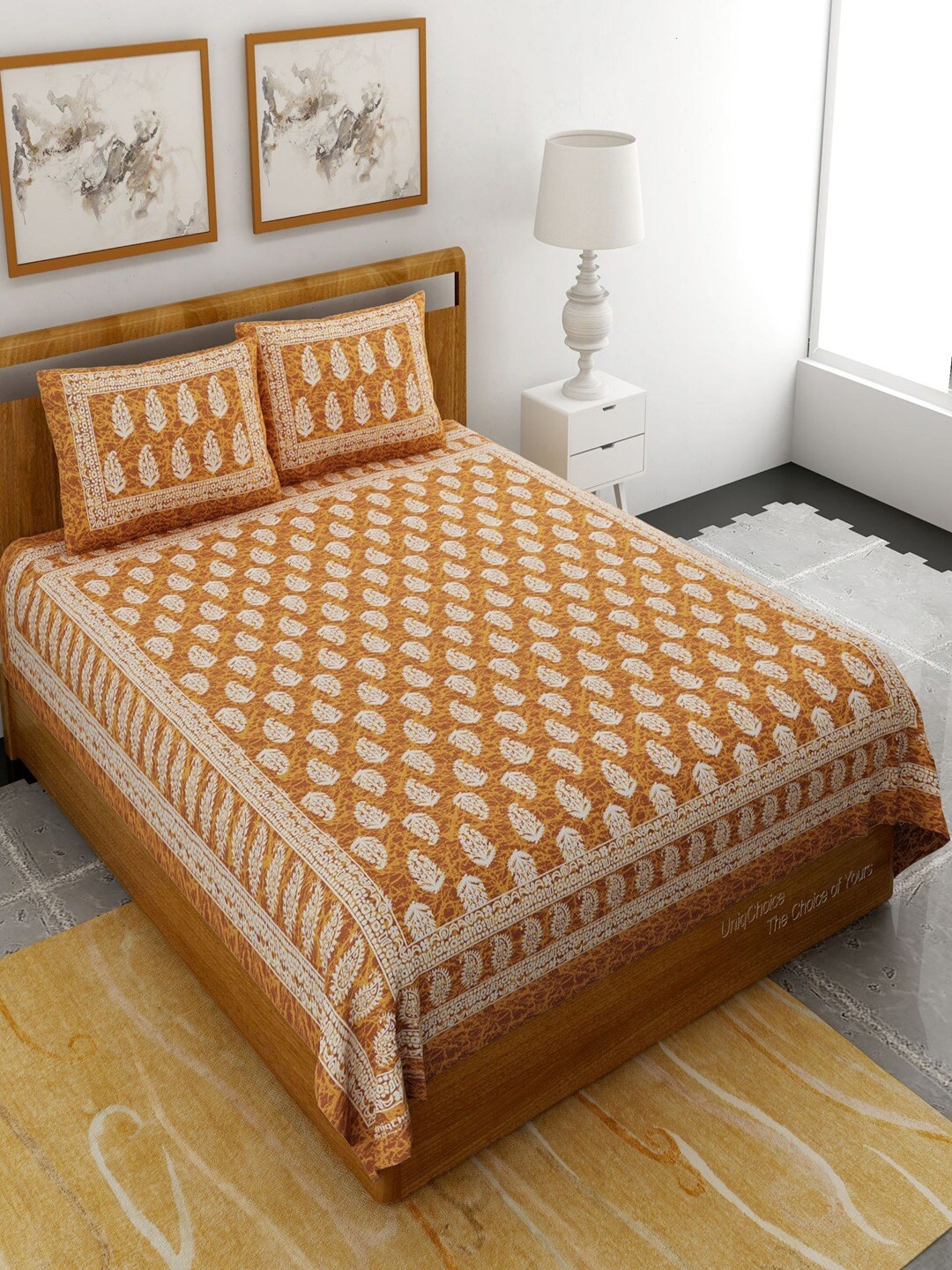 

UNIQCHOICE Mustard & White Ethnic Motifs Pure Cotton 120 TC Queen Bedsheet & Pillow Covers