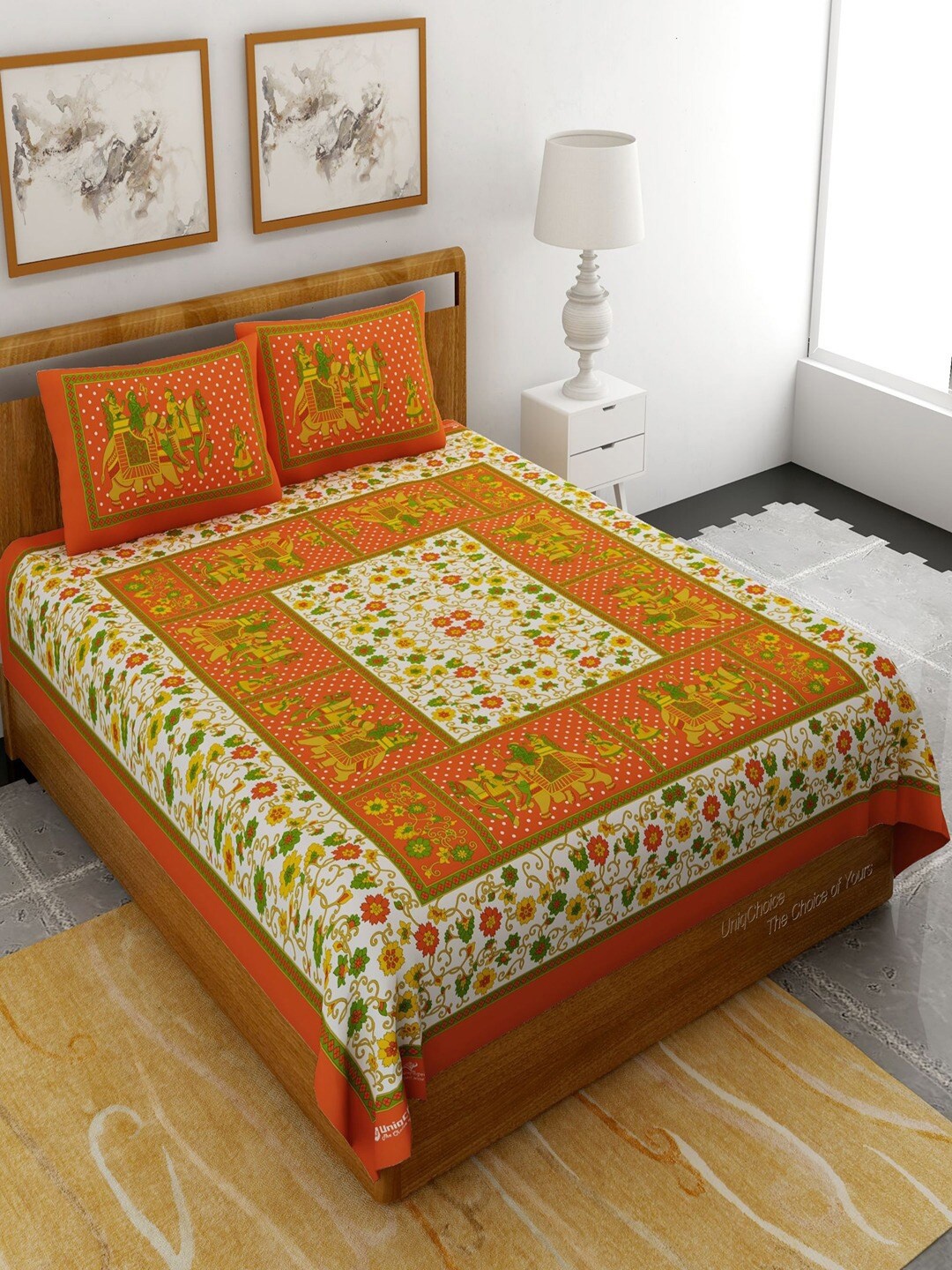 

UNIQCHOICE Orange & White Ethnic Motifs Pure Cotton 120 TC Queen Bedsheet & Pillow Covers