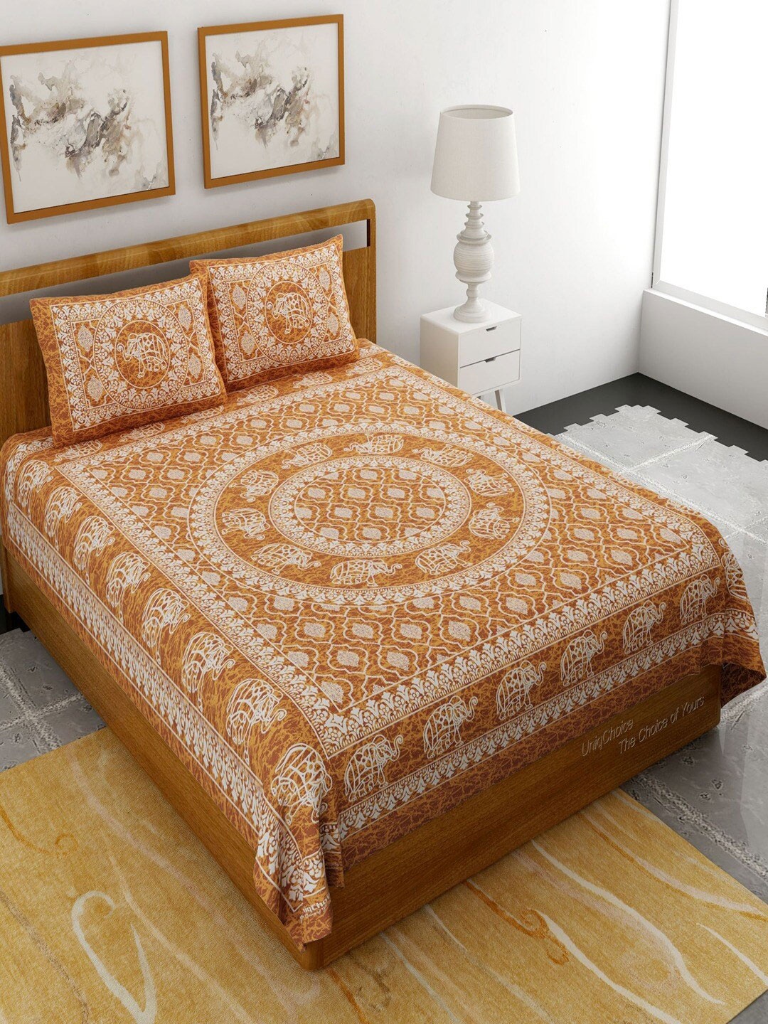 

UNIQCHOICE Mustard & White Ethnic Motifs Pure Cotton 120 TC Queen Bedsheet & Pillow Covers