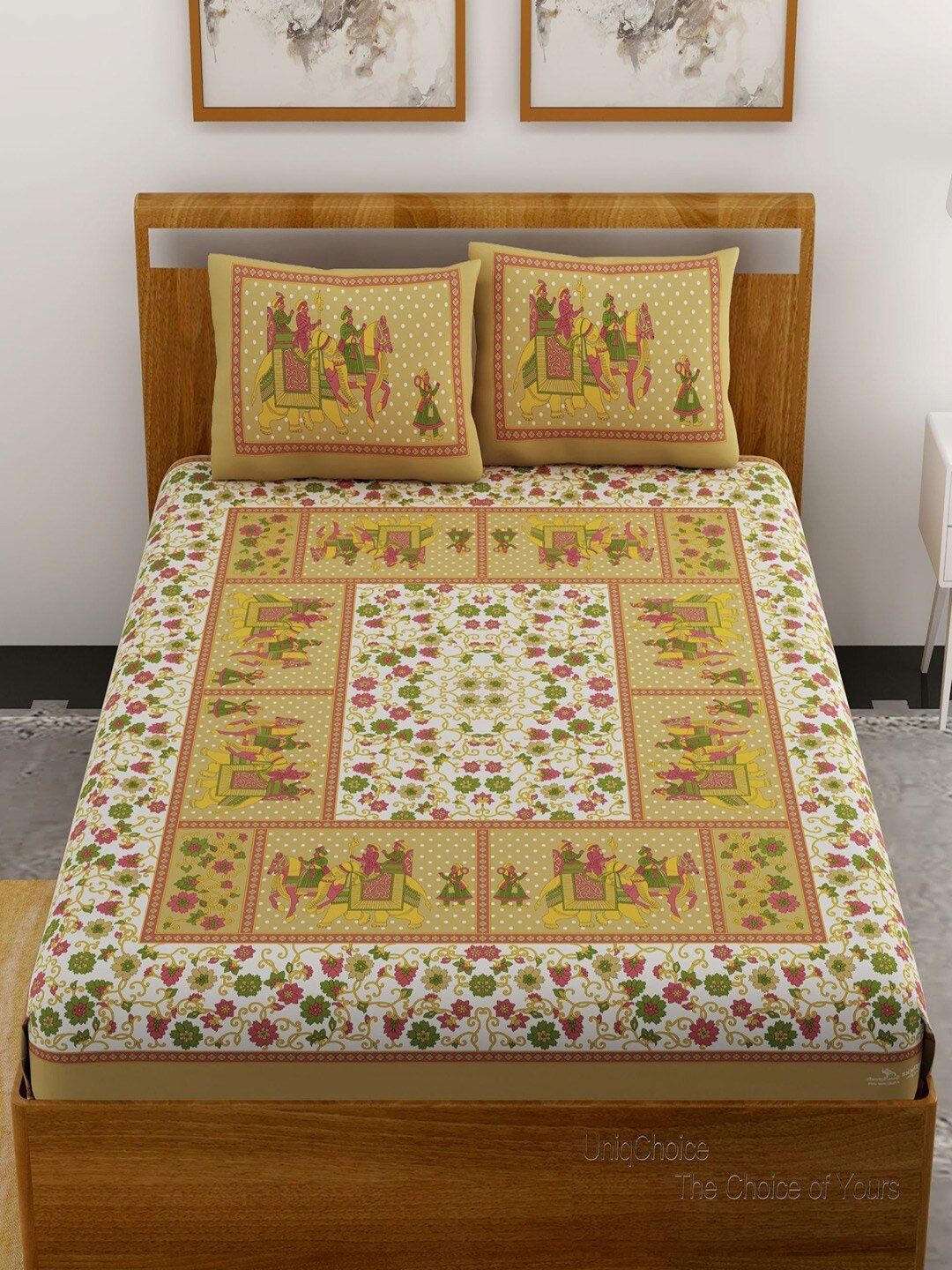 

UNIQCHOICE Brown & Green Ethnic Motifs Pure Cotton 120 TC Queen Bedsheet & 2 Pillow Covers