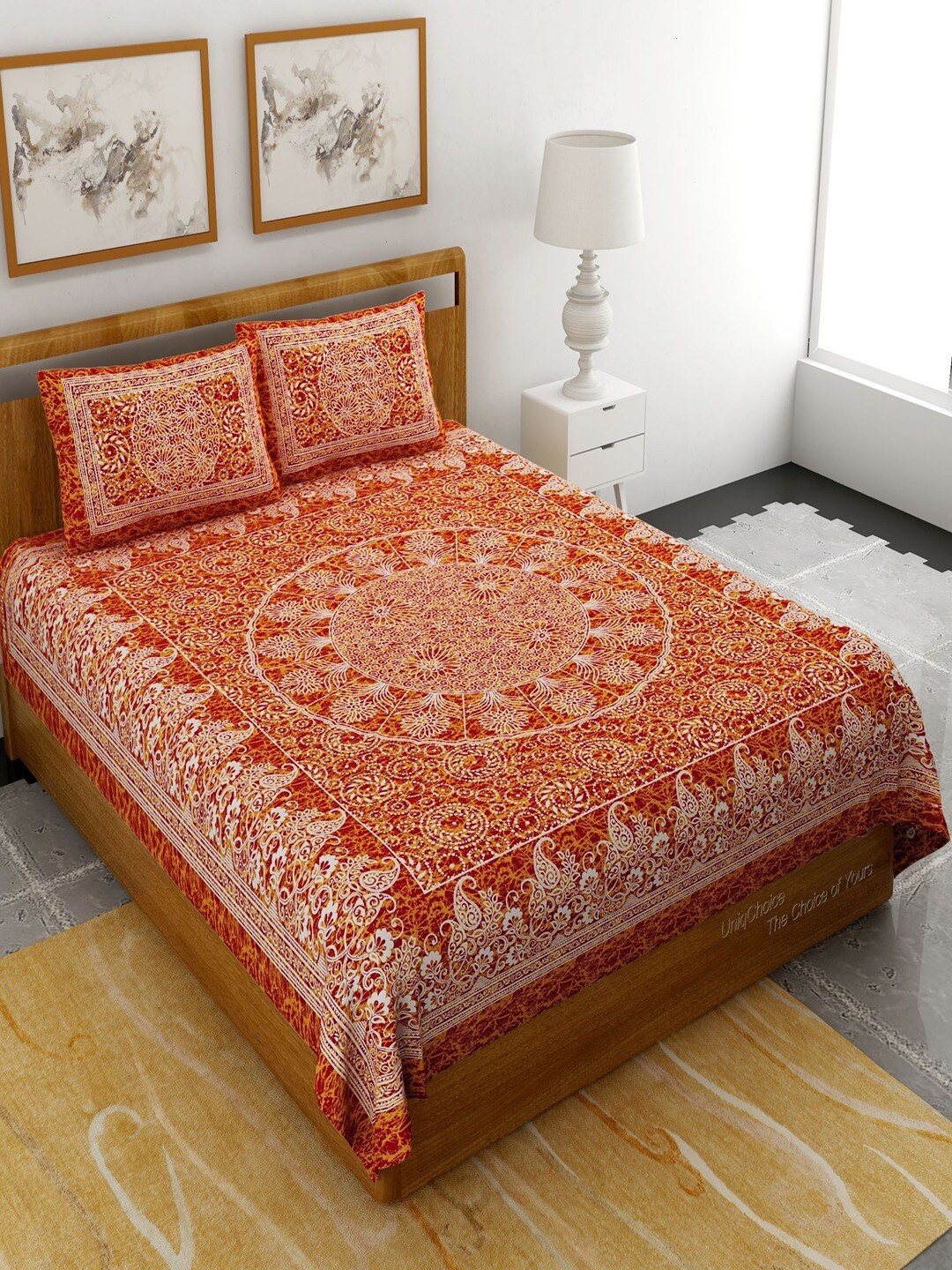 

UNIQCHOICE Red & White Ethnic Motifs Pure Cotton 120 TC Queen Bedsheet & 2 Pillow Covers