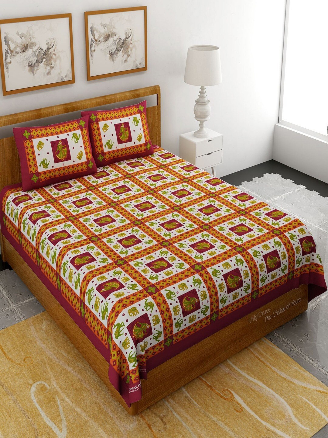 

UNIQCHOICE Maroon Ethnic Motifs Pure Cotton 120 TC Queen Bedsheet With 2 Pillow Covers