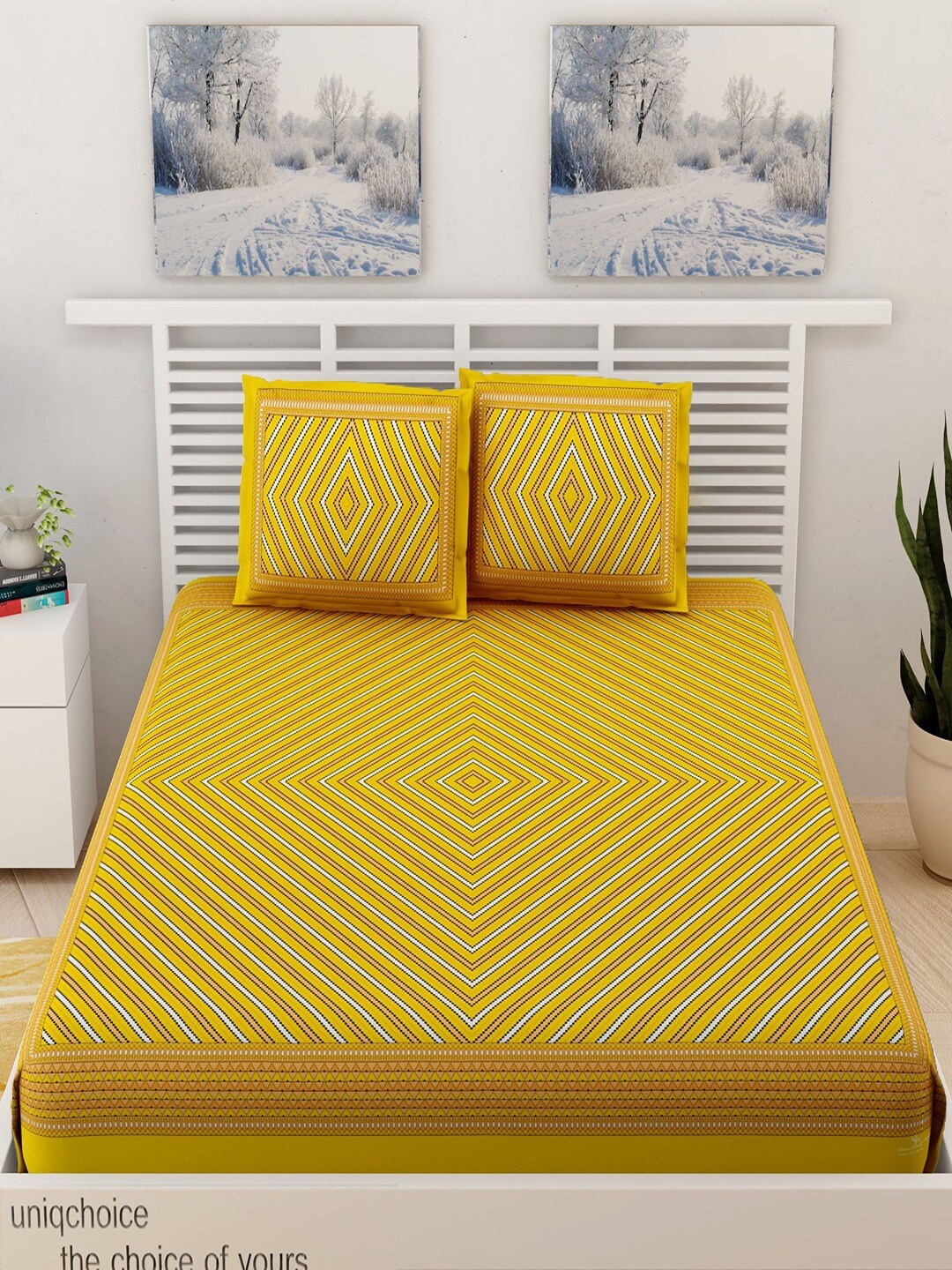 

UNIQCHOICE Yellow & White Striped Pure Cotton 120 TC Queen Bedsheet With 2 Pillow Covers