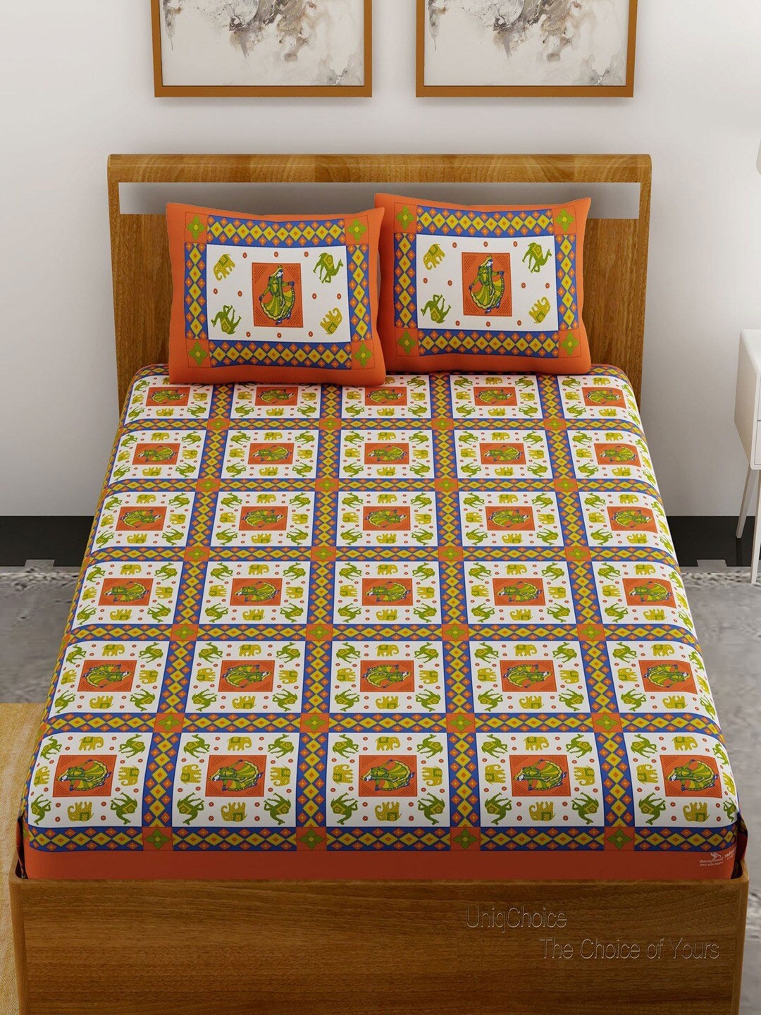 

UNIQCHOICE Orange & White Ethnic Motifs Pure Cotton 120 TC Queen Bedsheet & Pillow Covers