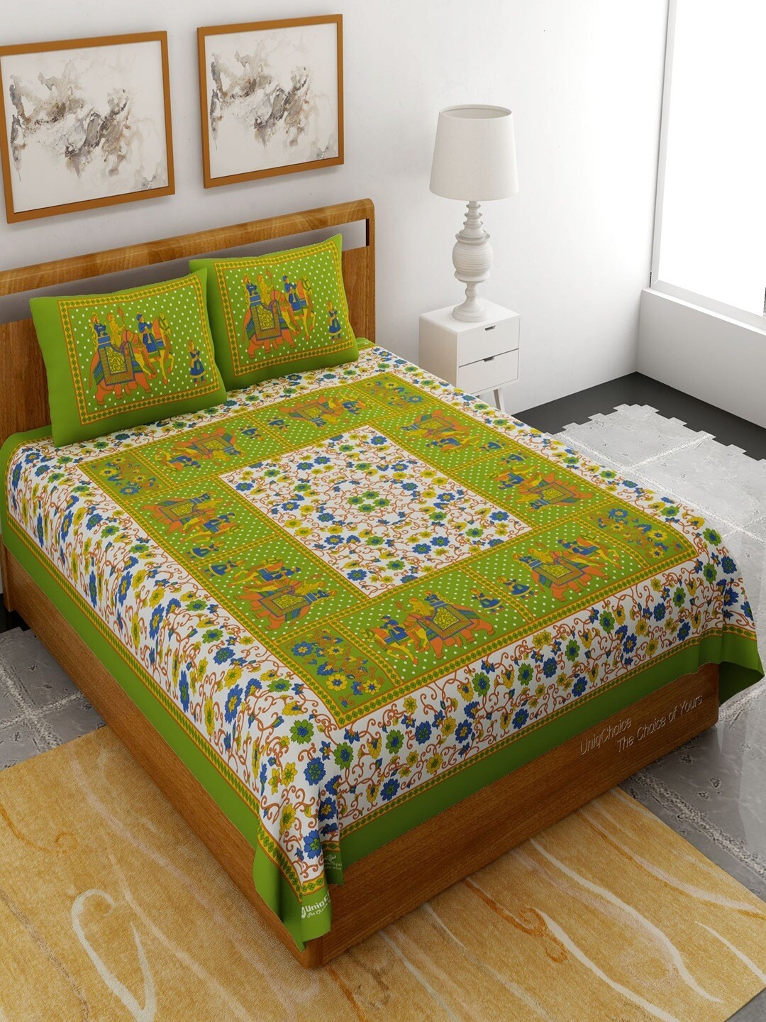 

UNIQCHOICE Sea Green Ethnic Motifs Pure Cotton 120 TC Queen Bedsheet With 2 Pillow Covers