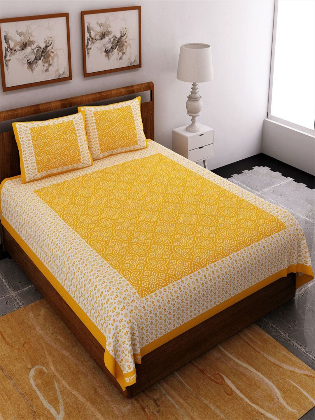 

UNIQCHOICE Yellow & White Ethnic Motifs Pure Cotton 120 TC Queen Bedsheet & Pillow Covers