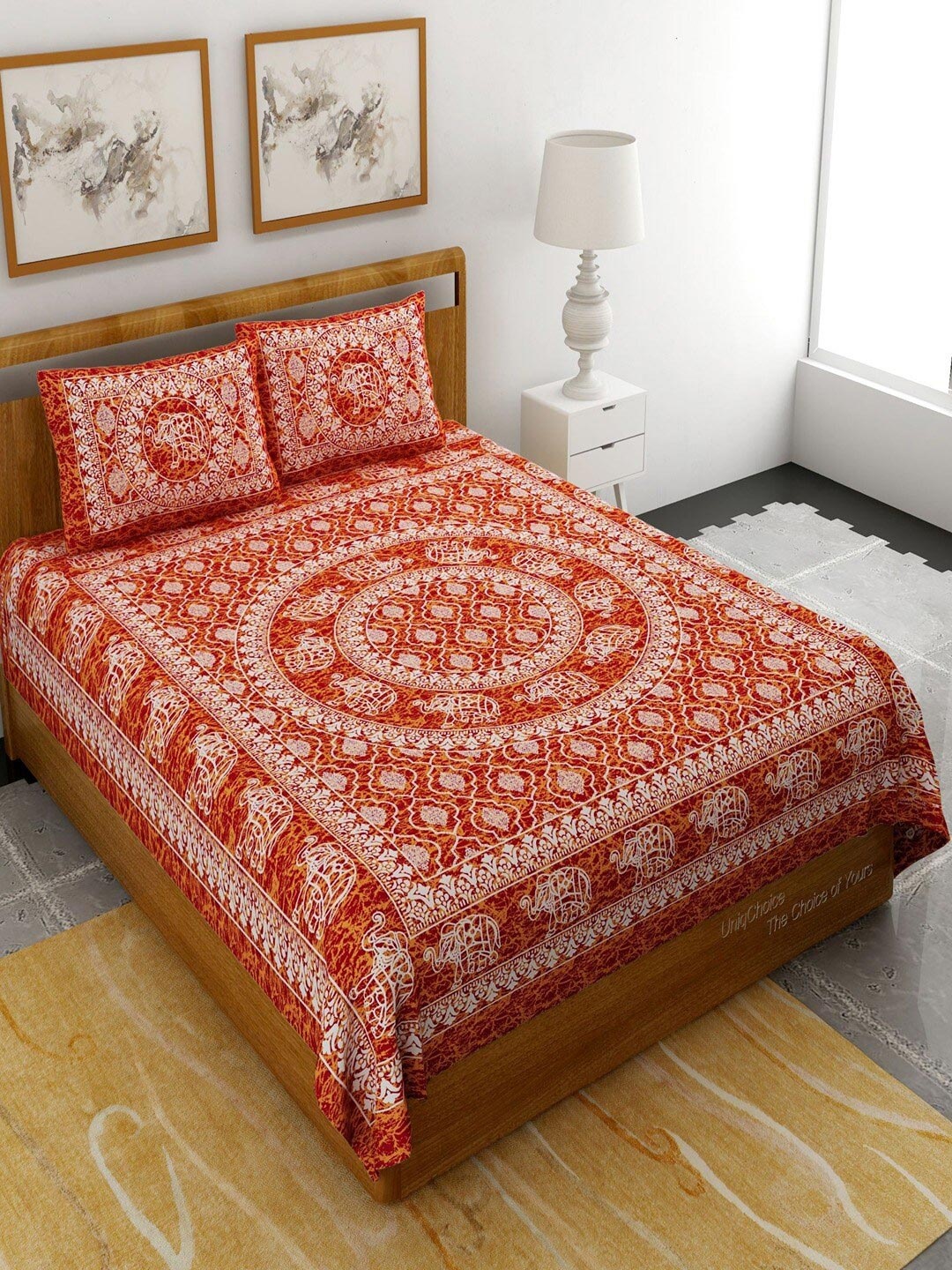 

UNIQCHOICE Red & Orange Ethnic Motifs Pure Cotton 120 TC Queen Bedsheet & 2 Pillow Covers