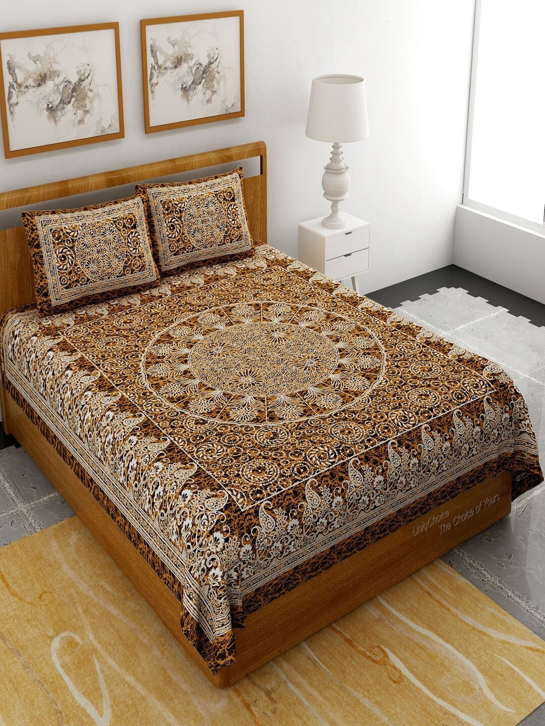 

UNIQCHOICE Brown & Yellow Ethnic Motifs Pure Cotton 120 TC Queen Bedsheet & Pillow Covers