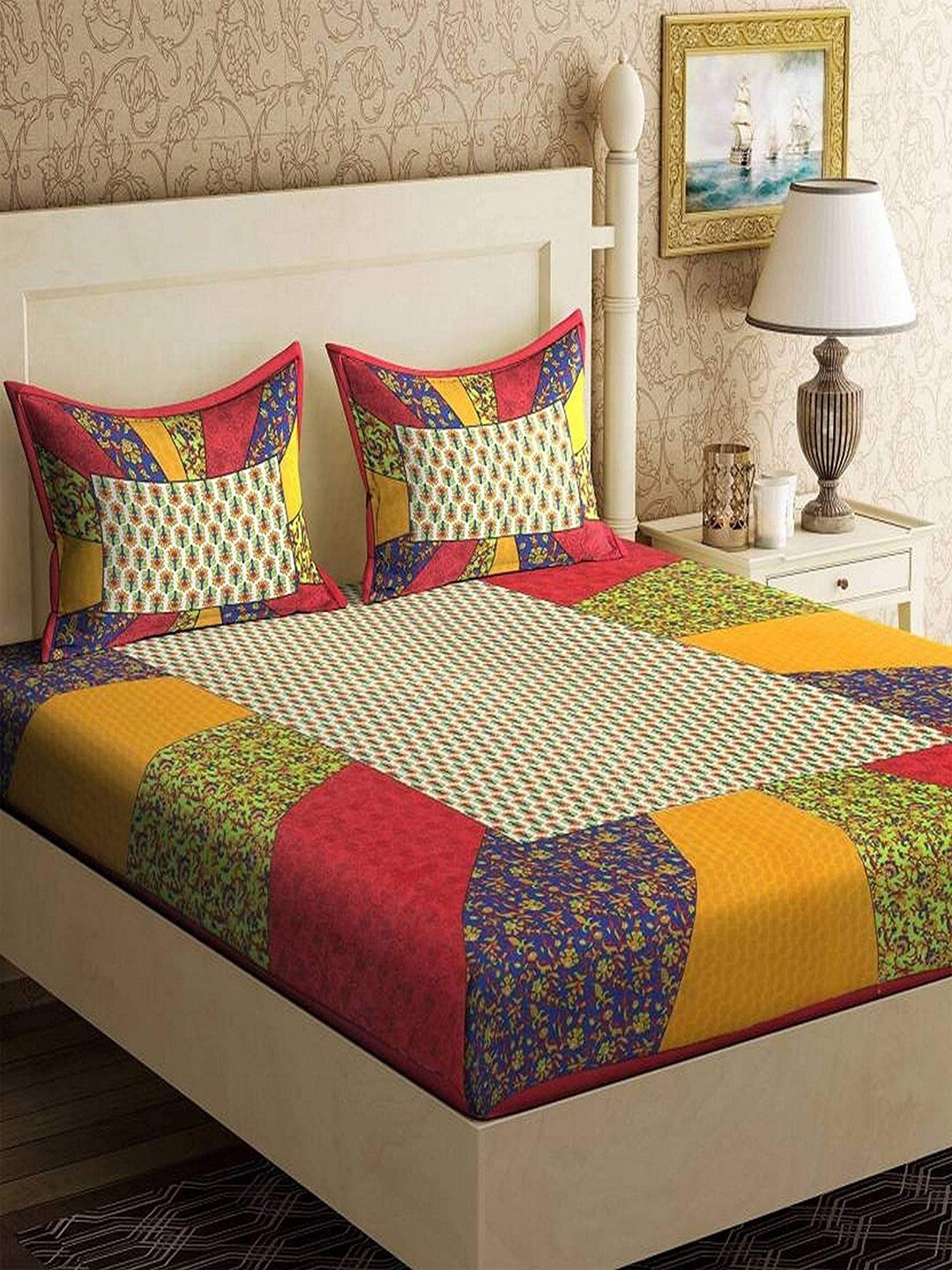 

UNIQCHOICE Yellow & Red Ethnic Motifs Pure Cotton 120 TC Queen Bedsheet & 2 Pillow Covers