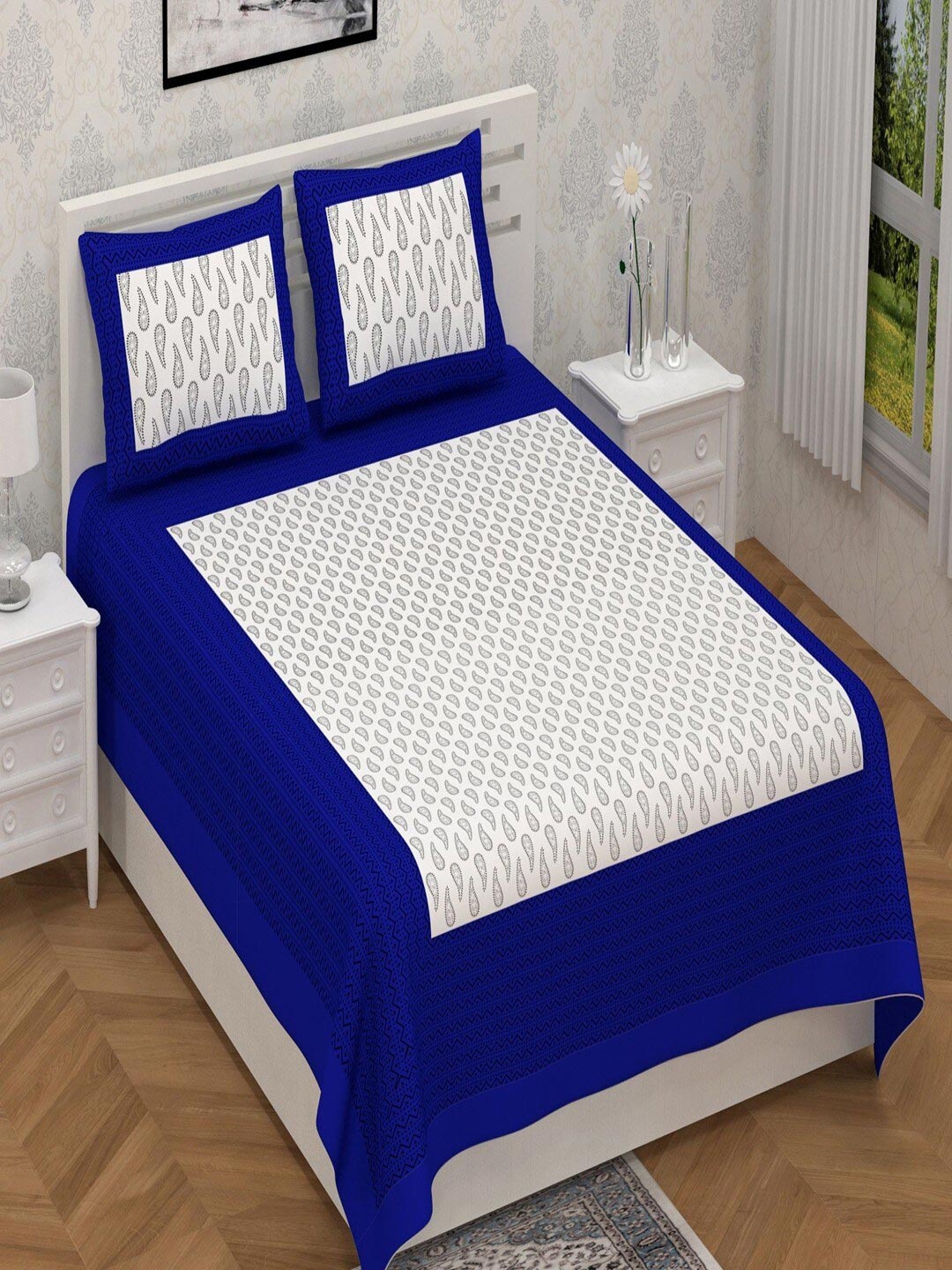 

UNIQCHOICE Blue & White Ethnic Motifs Pure Cotton 120 TC Queen Bedsheet & 2 Pillow Covers