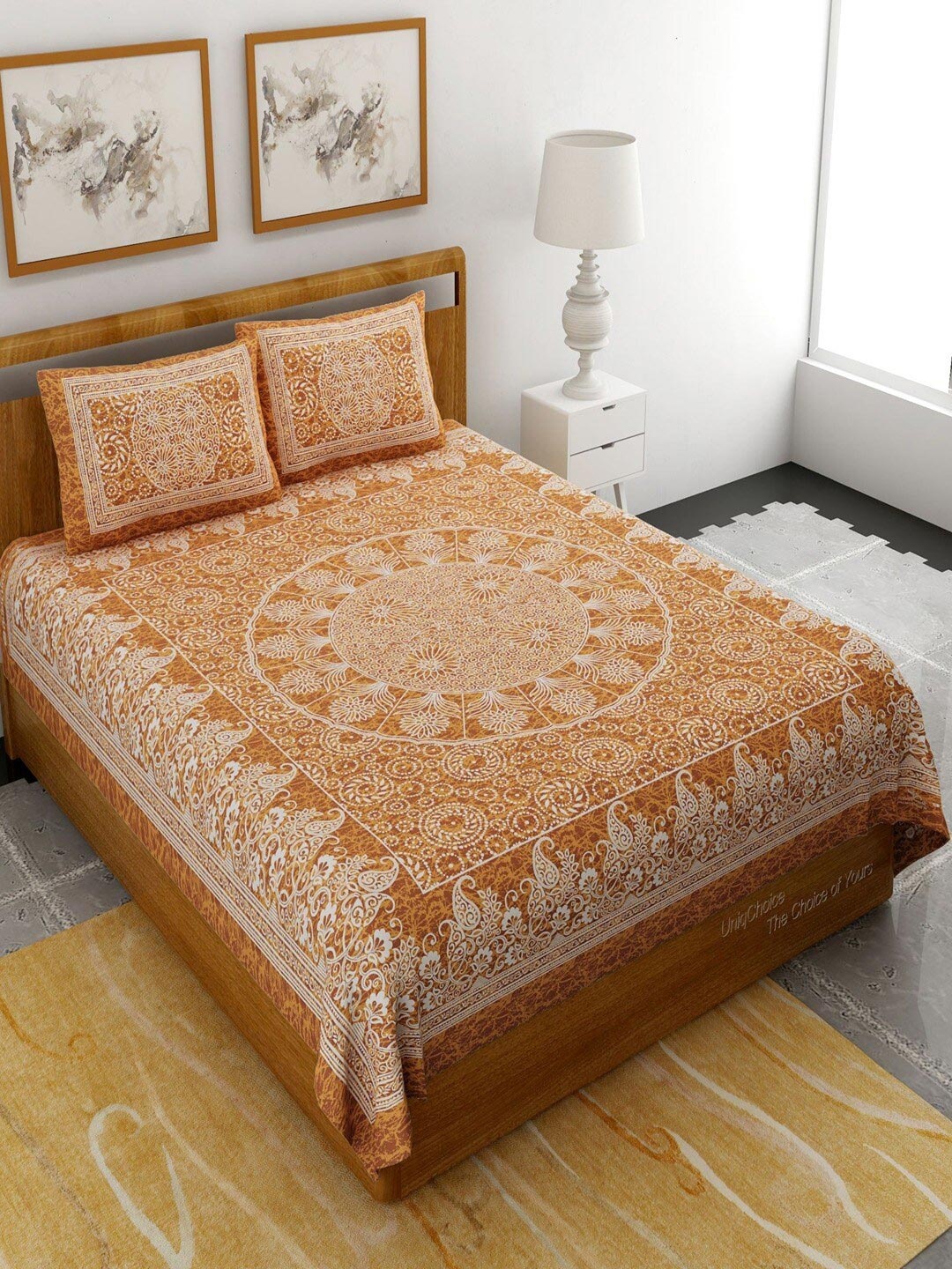 

UNIQCHOICE Mustard Ethnic Motifs Pure Cotton 120 TC Queen Bedsheet & 2 Pillow Covers