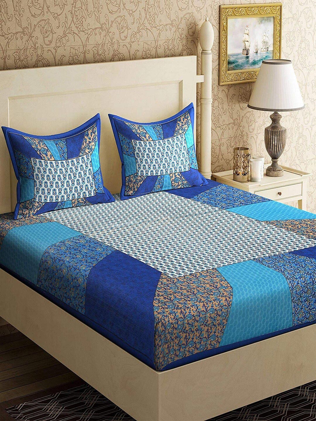 

UNIQCHOICE Blue & White Ethnic Motifs Pure Cotton 120 TC Queen Bedsheet & 2 Pillow Covers