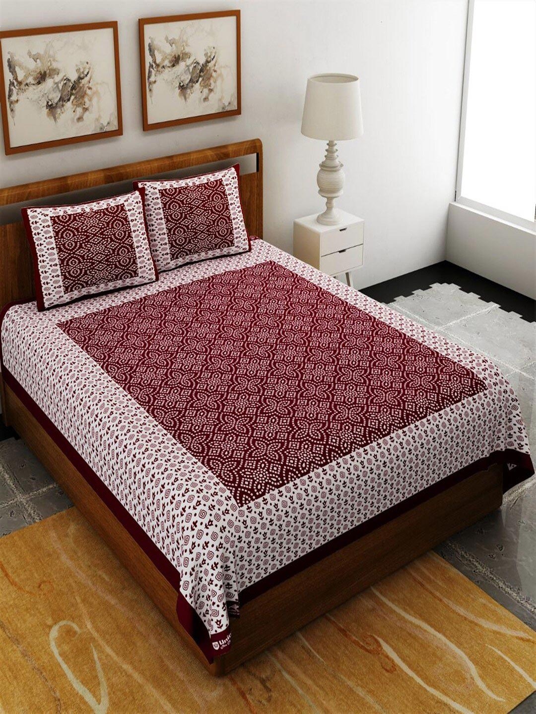 

UNIQCHOICE Maroon Ethnic Motifs Pure Cotton 120 TC Queen Bedsheet & 2 Pillow Covers