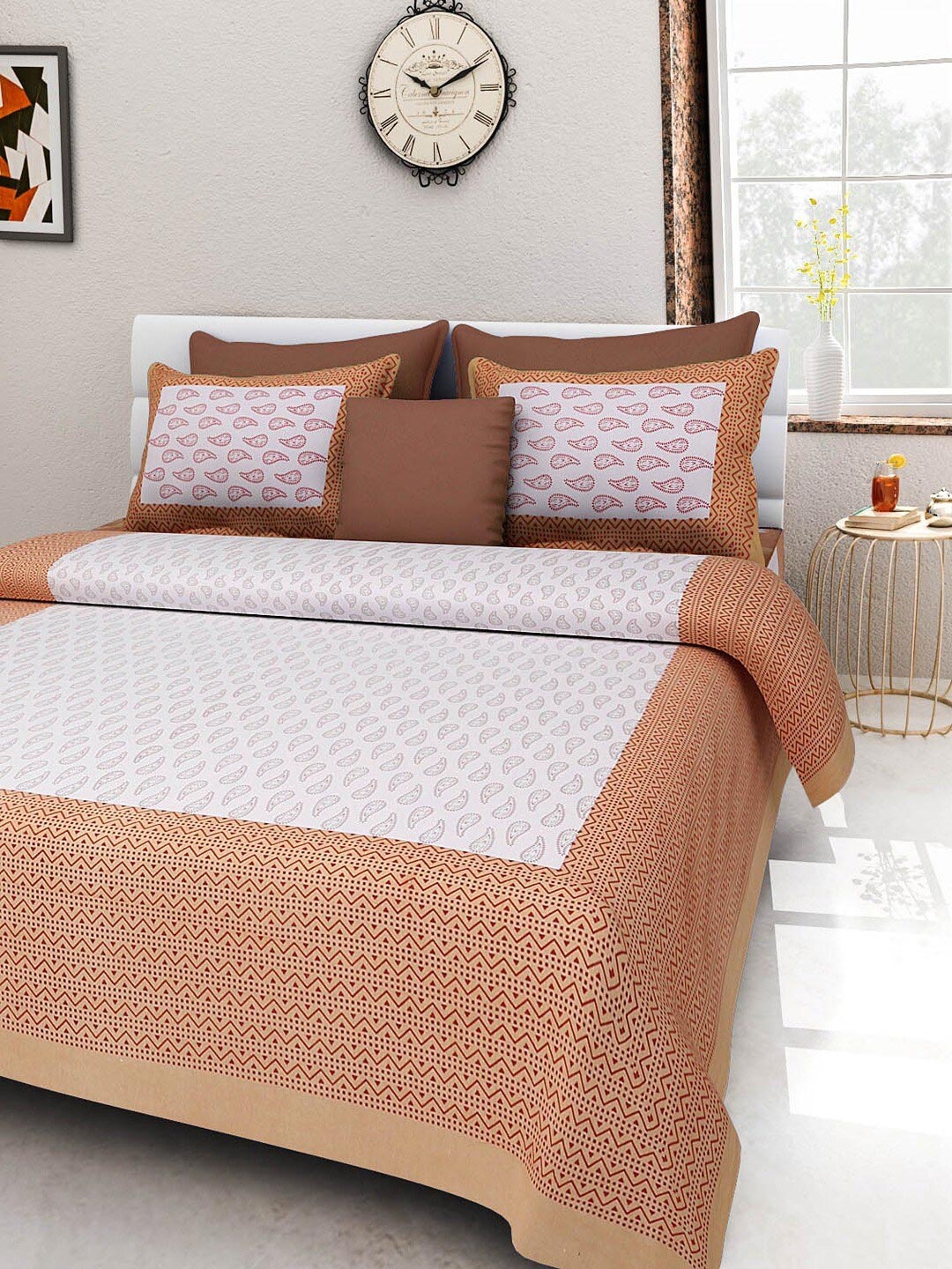 

UNIQCHOICE Brown & Pink Ethnic Motifs Pure Cotton 120 TC Queen Bedsheet & 2 Pillow Covers