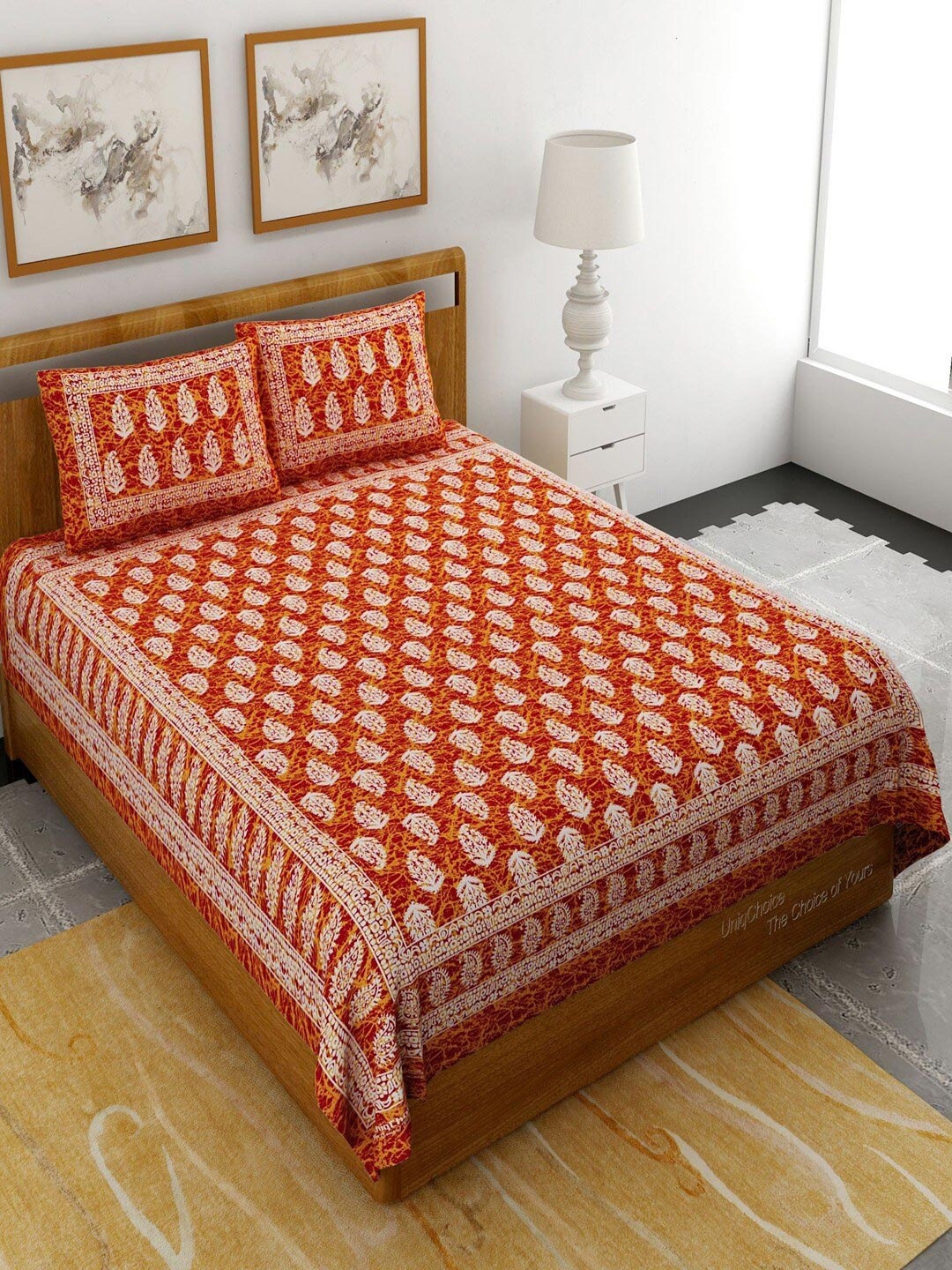 

UNIQCHOICE Red & White Ethnic Motifs Pure Cotton 120 TC Queen Bedsheet & 2 Pillow Covers