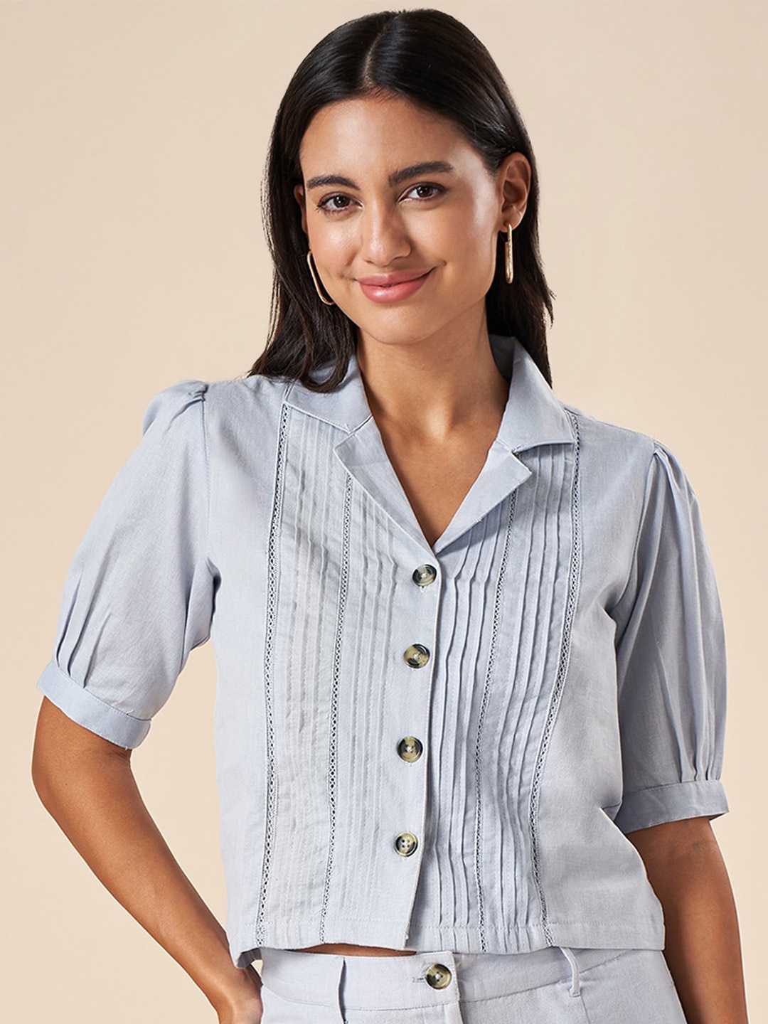 

AKKRITI BY PANTALOONS Shirt Collar Puff Sleeves Cotton Shirt Style Top, Blue