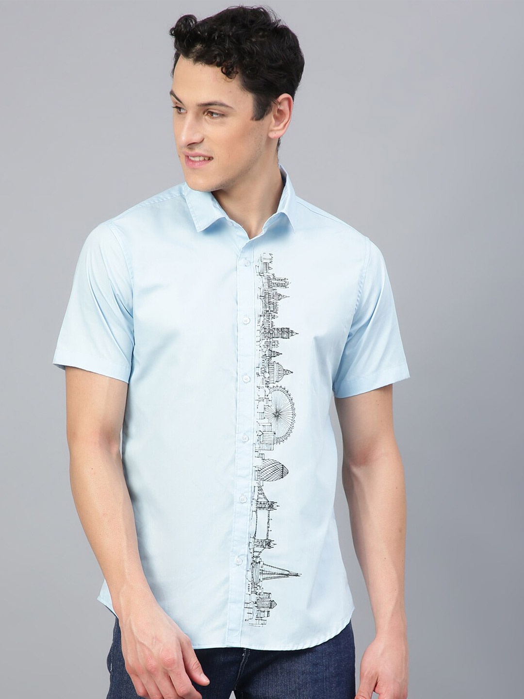 

FTX Standard Conversational Printed Spread Collar Pure Cotton Casual Shirt, Blue