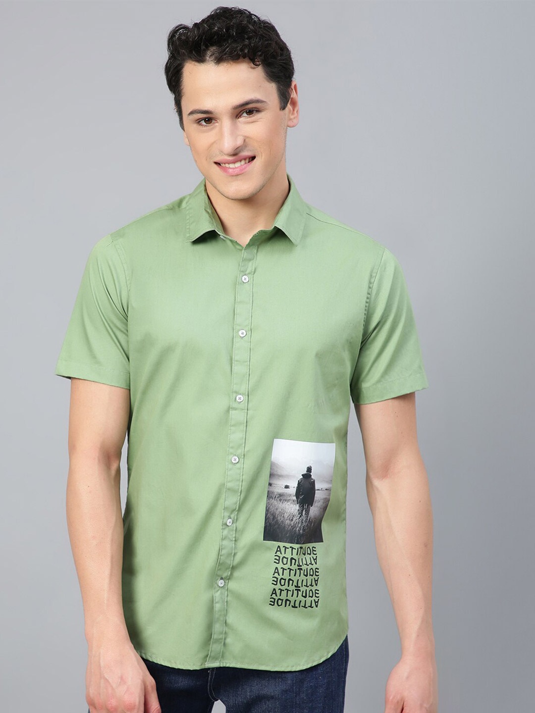 

FTX Standard Graphic Printed Spread Collar Pure Cotton Casual Shirt, Green