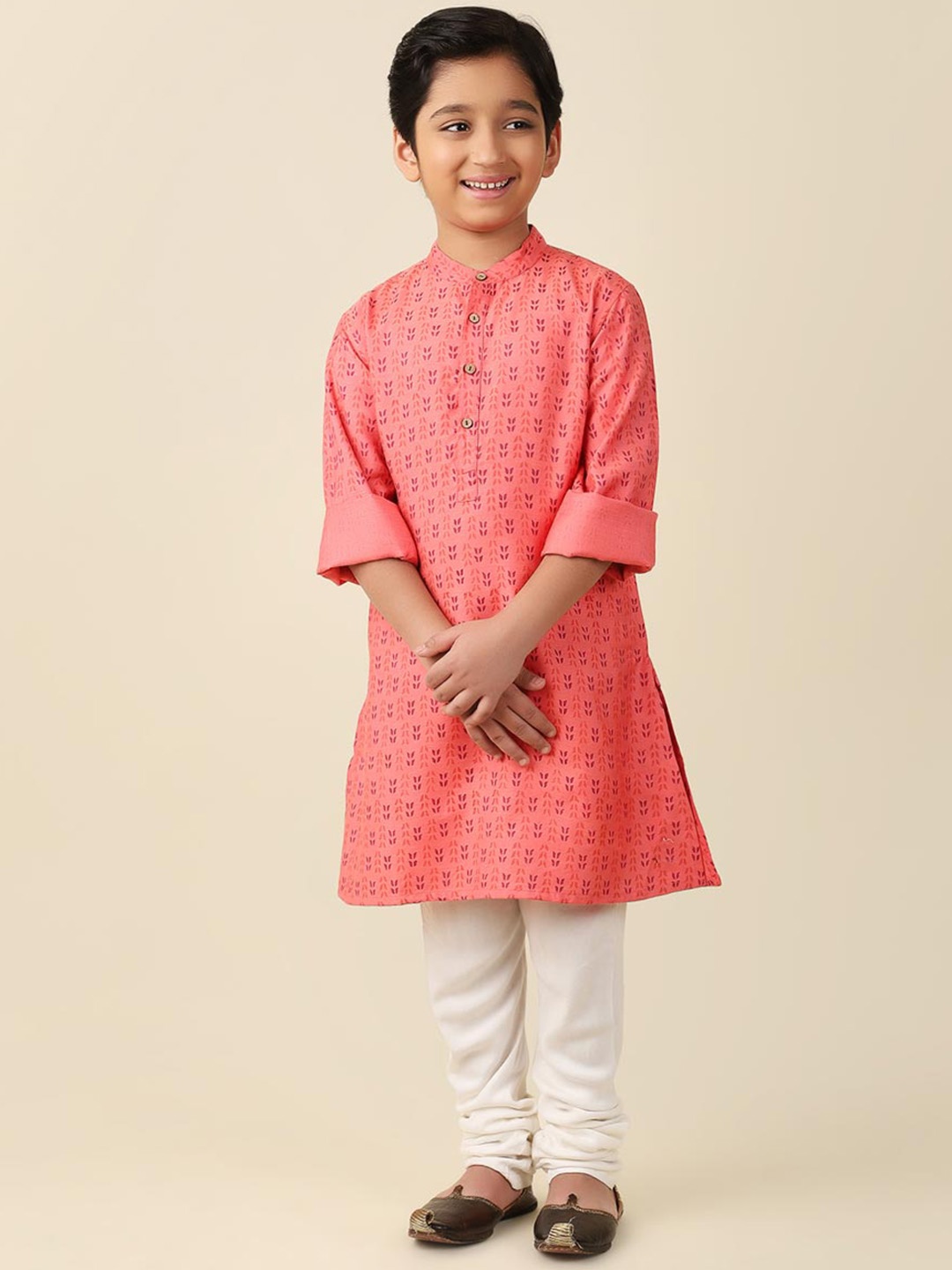 Fabindia Boys Ethnic Motifs Printed Mandarin Collar Cotton Regular Kurta, Coral