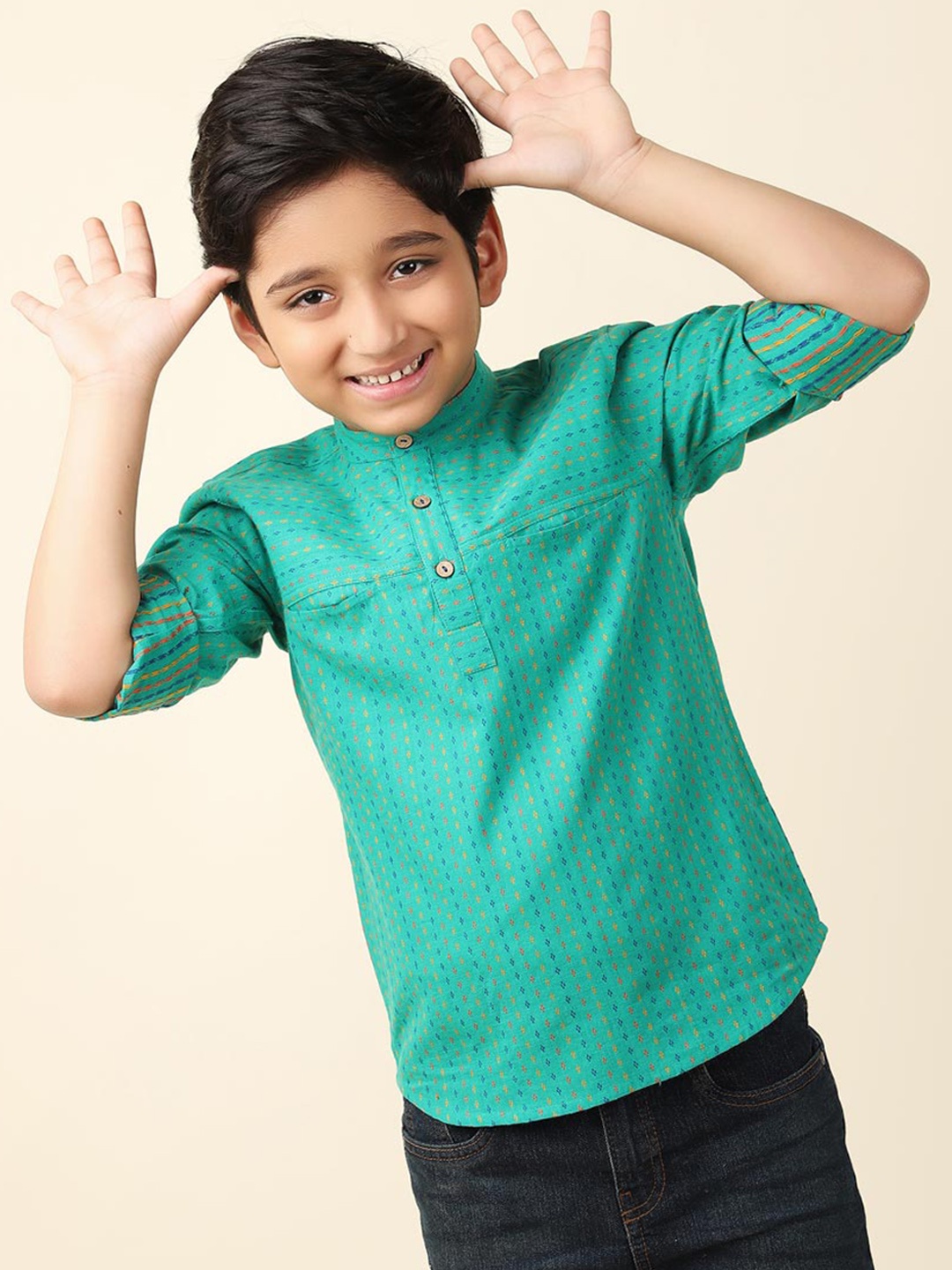 

Fabindia Boys Striped Mandarin Collar Cotton Pathani Kurta, Green