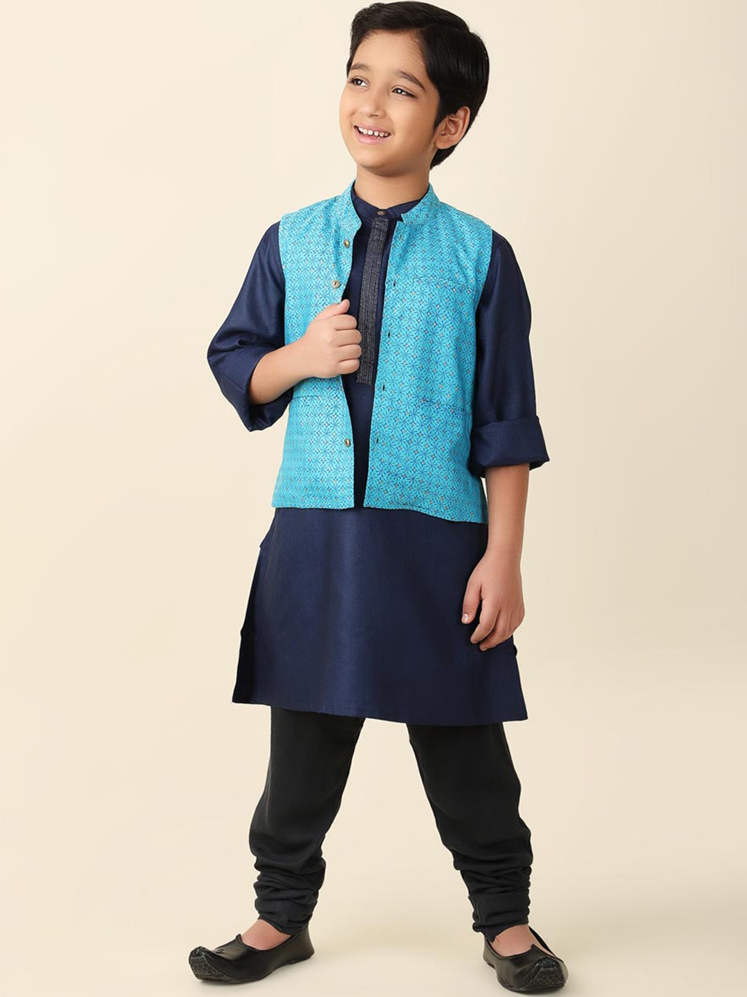 

Fabindia Boys Mandarin Collar Kurta With Churidar & Nehru Jacket, Navy blue
