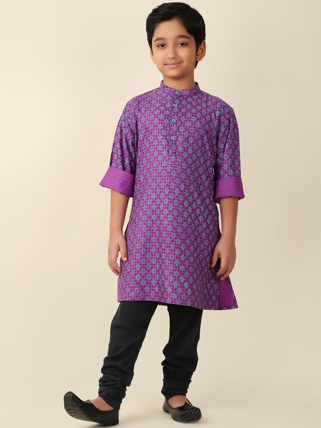 

Fabindia Boys Ethnic Motifs Band Collar Long Sleeve Kurta, Purple