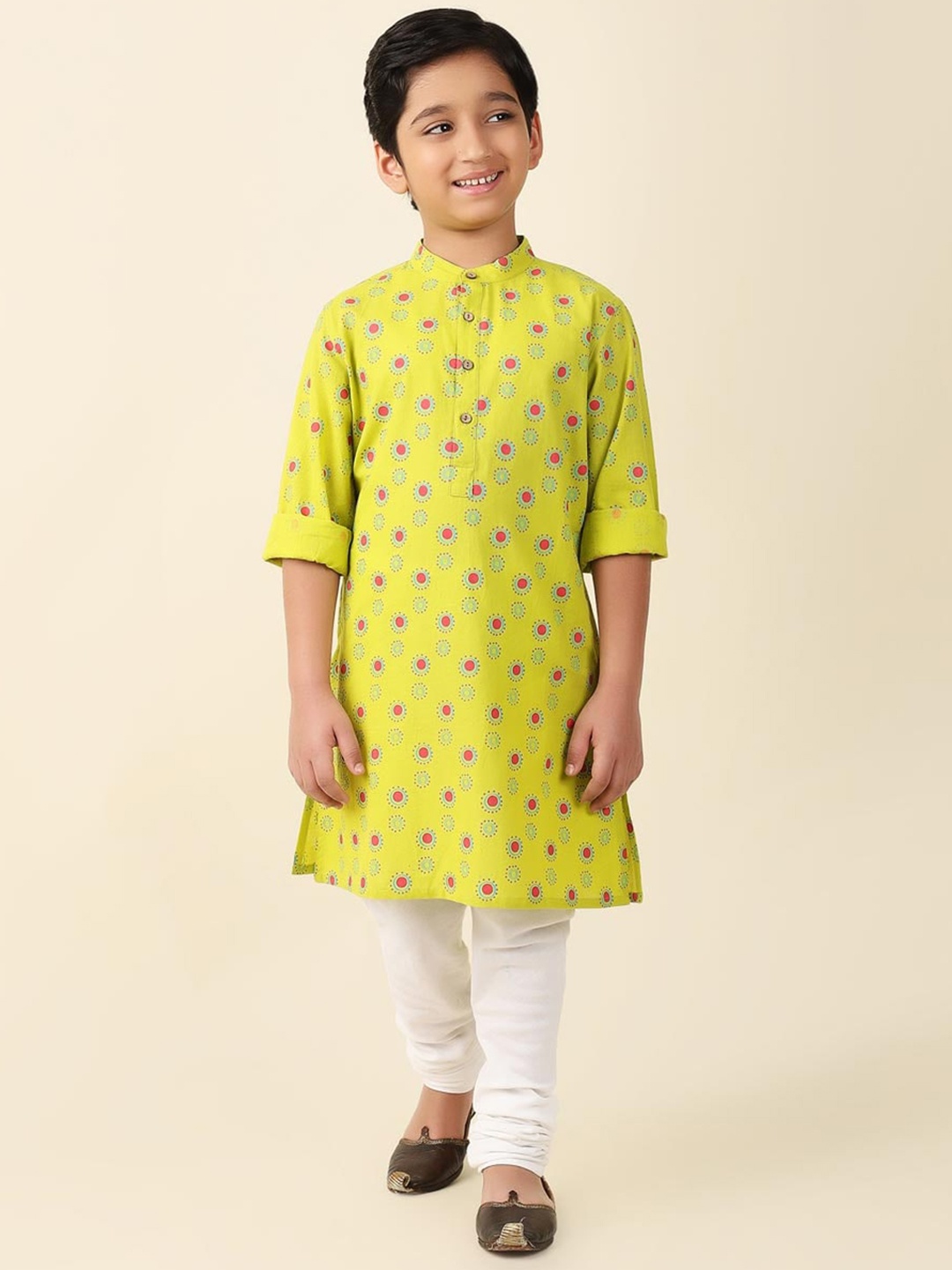 

Fabindia Boys Ethnic Motifs Band Collar Long Sleeve Kurta, Lime green