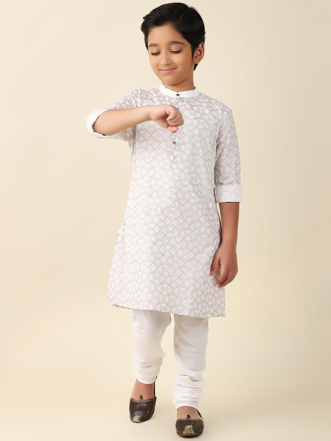 

Fabindia Boys Geometric Printed Band Collar Long Sleeve Kurta, White