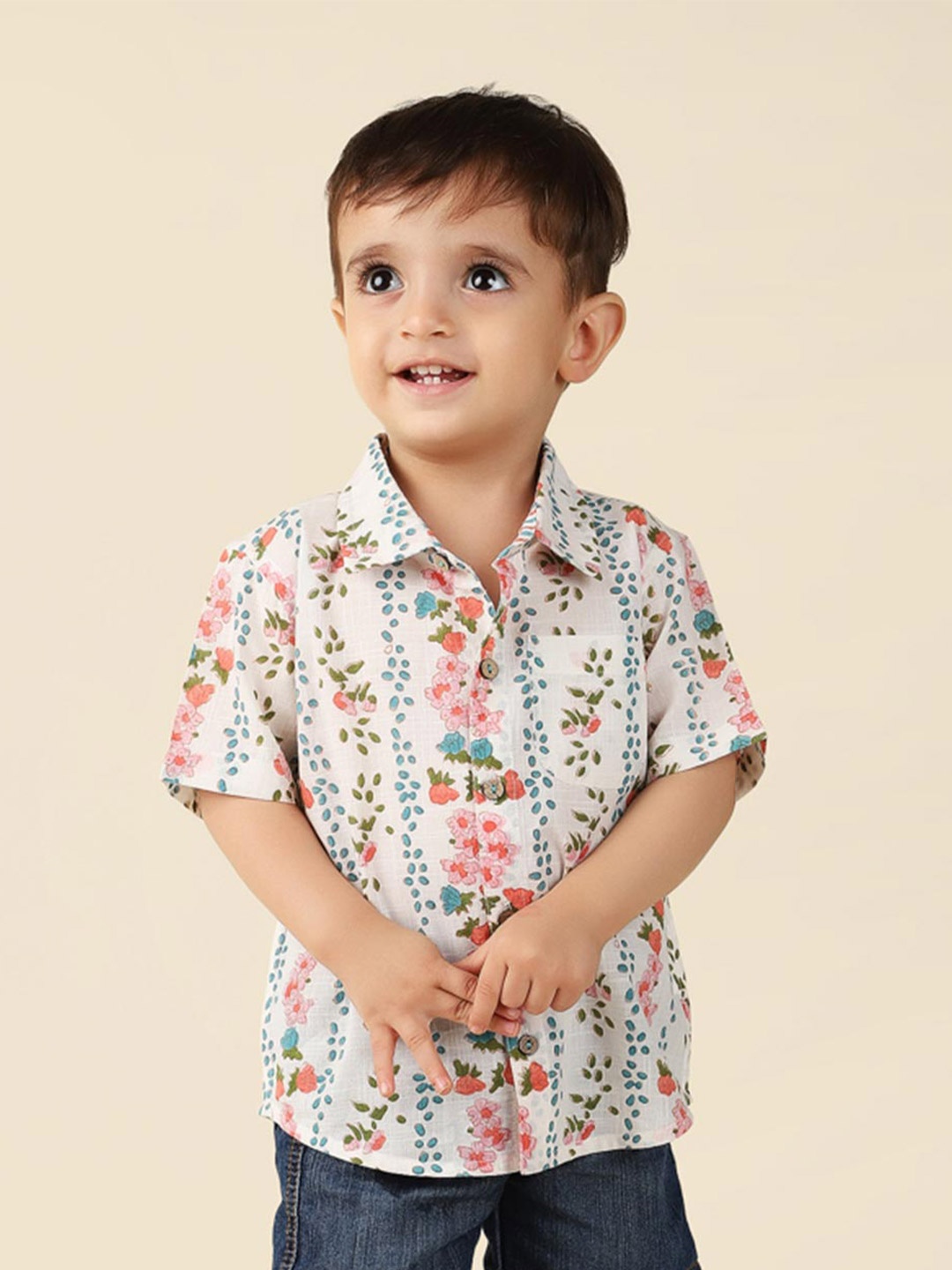 

Fabindia Boys Floral Printed Cotton Casual Shirt, White
