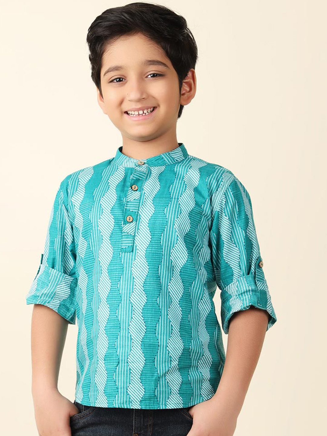 

Fabindia Boys Ethnic Motifs Printed Cotton Kurta, Teal