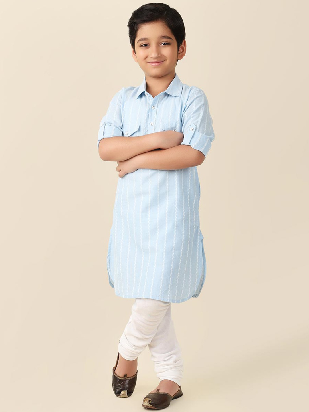 

Fabindia Boys Striped Pathani Cotton Kurta, Blue