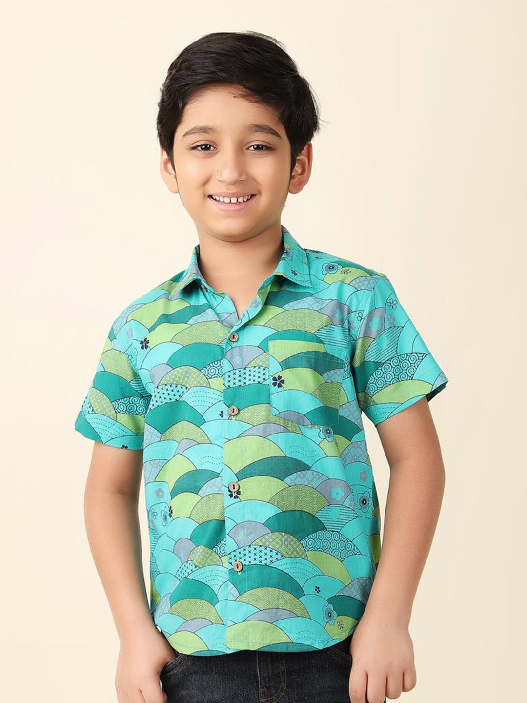 

Fabindia Boys Geometric Printed Cotton Casual Shirt, Blue