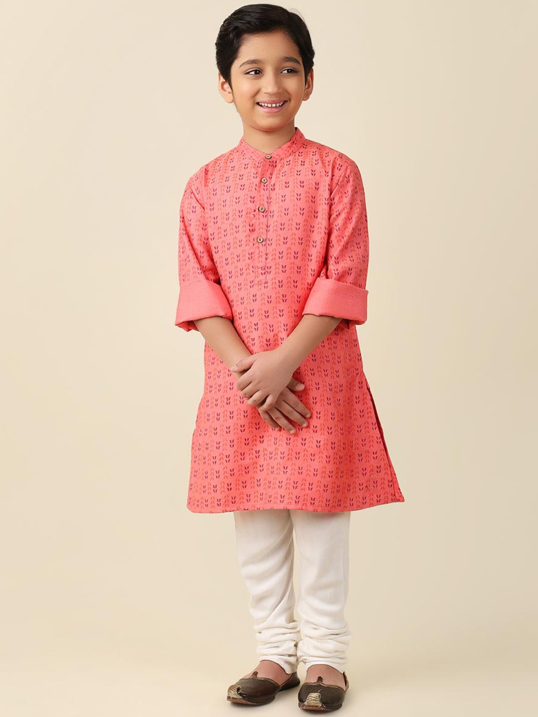 

Fabindia Boys Ethnic Motifs Band Collar Long Sleeves Kurta, Coral