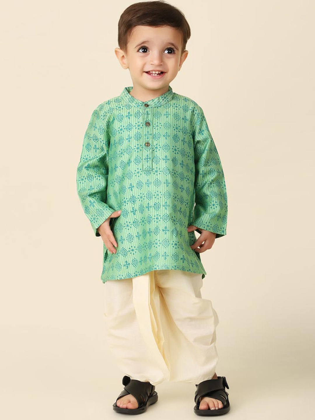 

Fabindia Infants Boys Ethnic Motifs Printed Straight Kurta With Dhoti Pants, Green