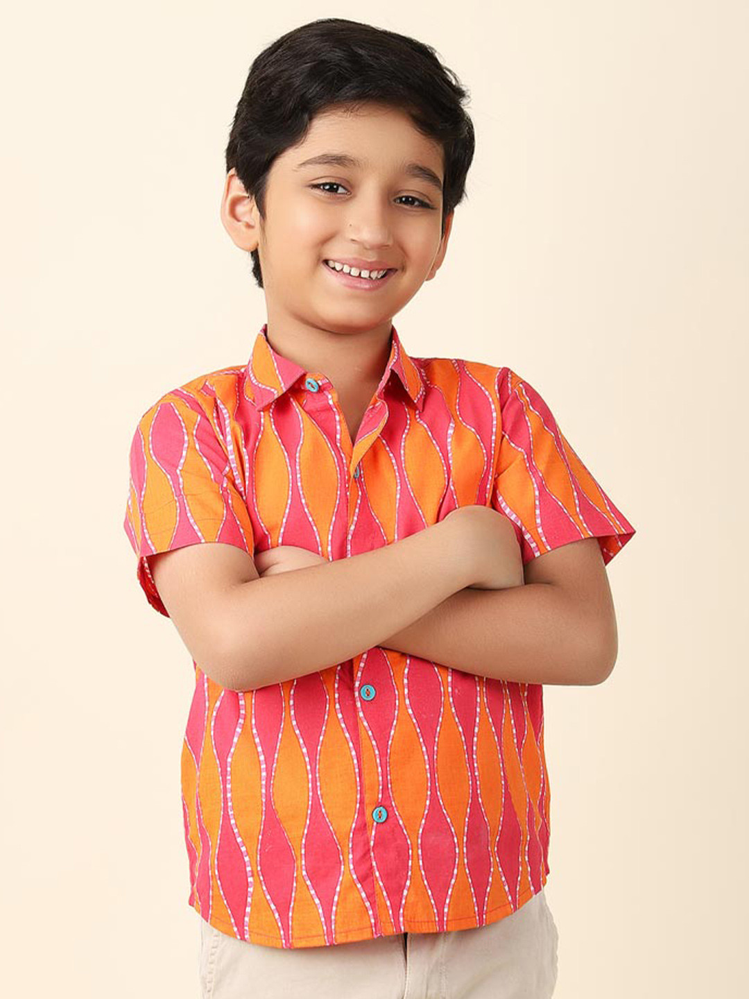 

Fabindia Boys Geometric Printed Cotton Casual Shirt, Pink