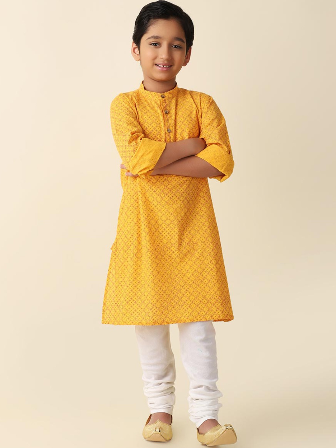 

Fabindia Boys Ethnic Motifs Printed Mandarin Collar Cotton Regular Kurta, Mustard